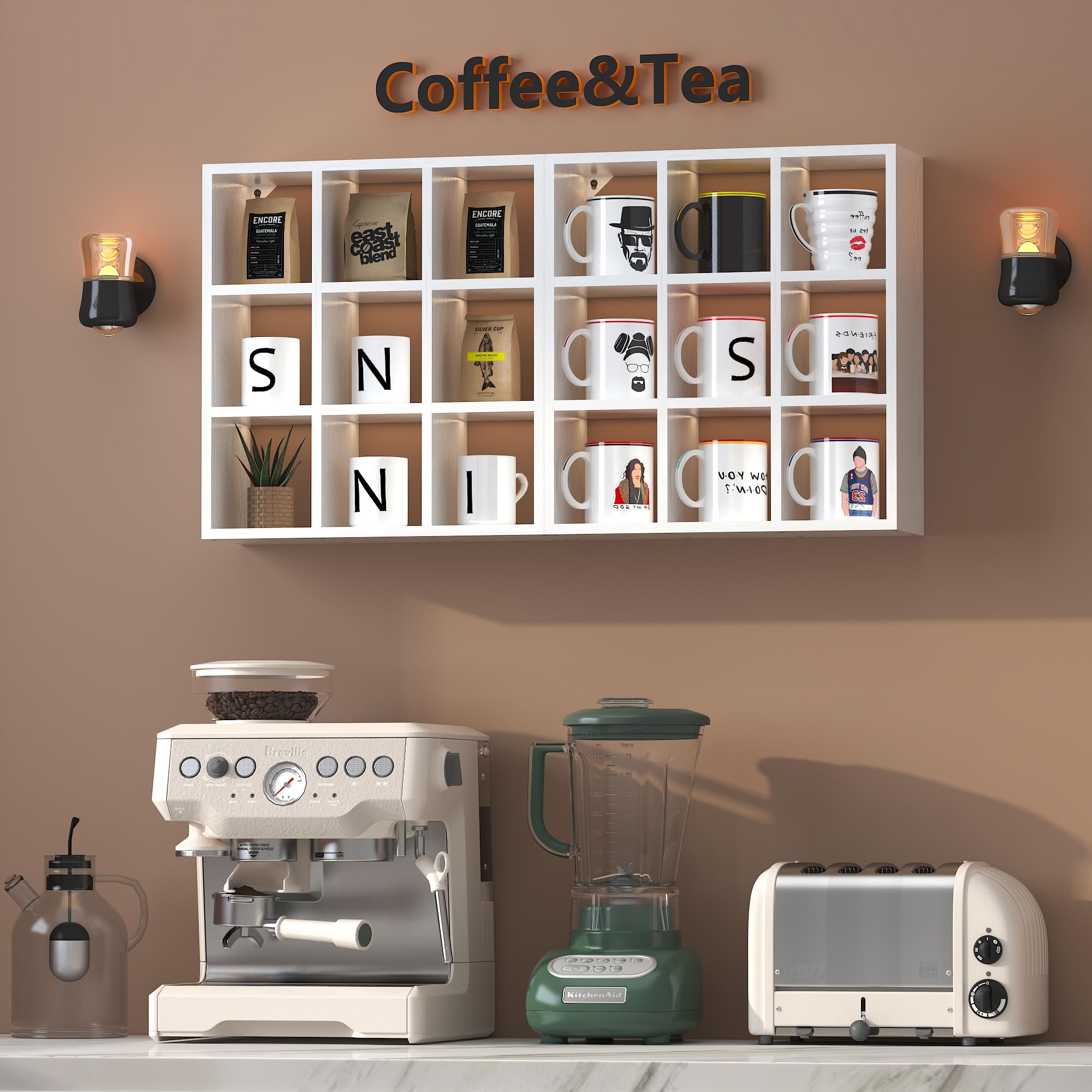 Helsin Regal für Kaffeetassen mit 9 Fächern, 40,6 cm, Wandmontage, Holz, Curio-Schattenbox-Regal, Tassen-Schweberegale, Display und Organizer (weiß)