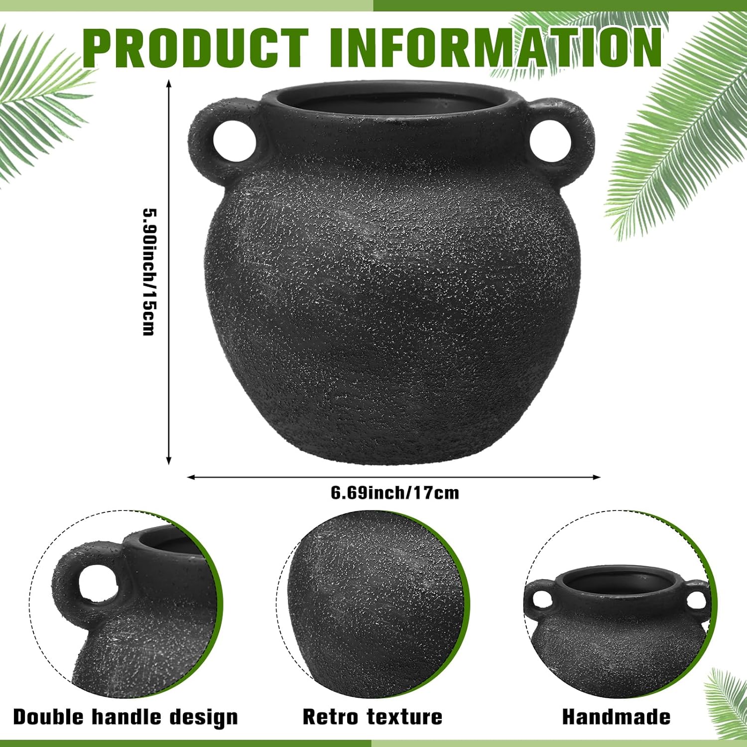 Qinyoung Rustic Kitchen Utensil Holder 6 Inch Small Ceramic Utensil Holder with Handle Vintage Crock Decoration Spatula Organizer for Kitchen Countertop Farmhouse Party Supplies(Black,Elegant)