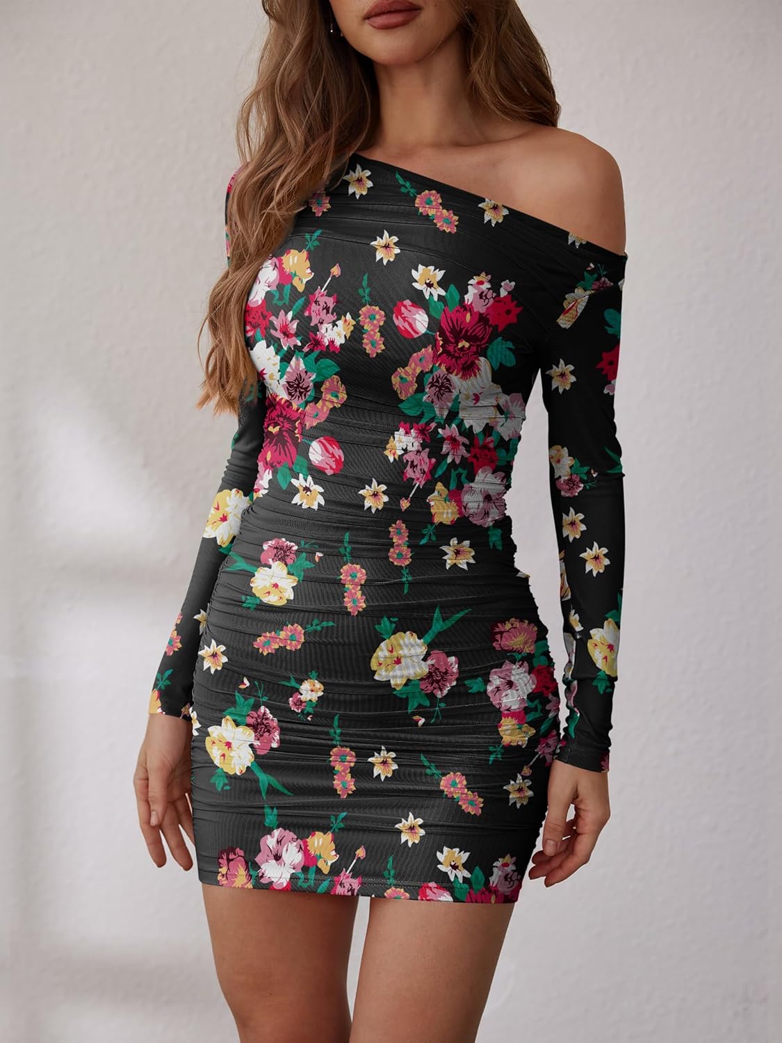 Prinbara Women's Mesh Long Sleeve Ruched Bodycon Off Shoulder Mini Dress 2025 Fall Sexy Cocktail Date Night Going Out Dresses - Image 4