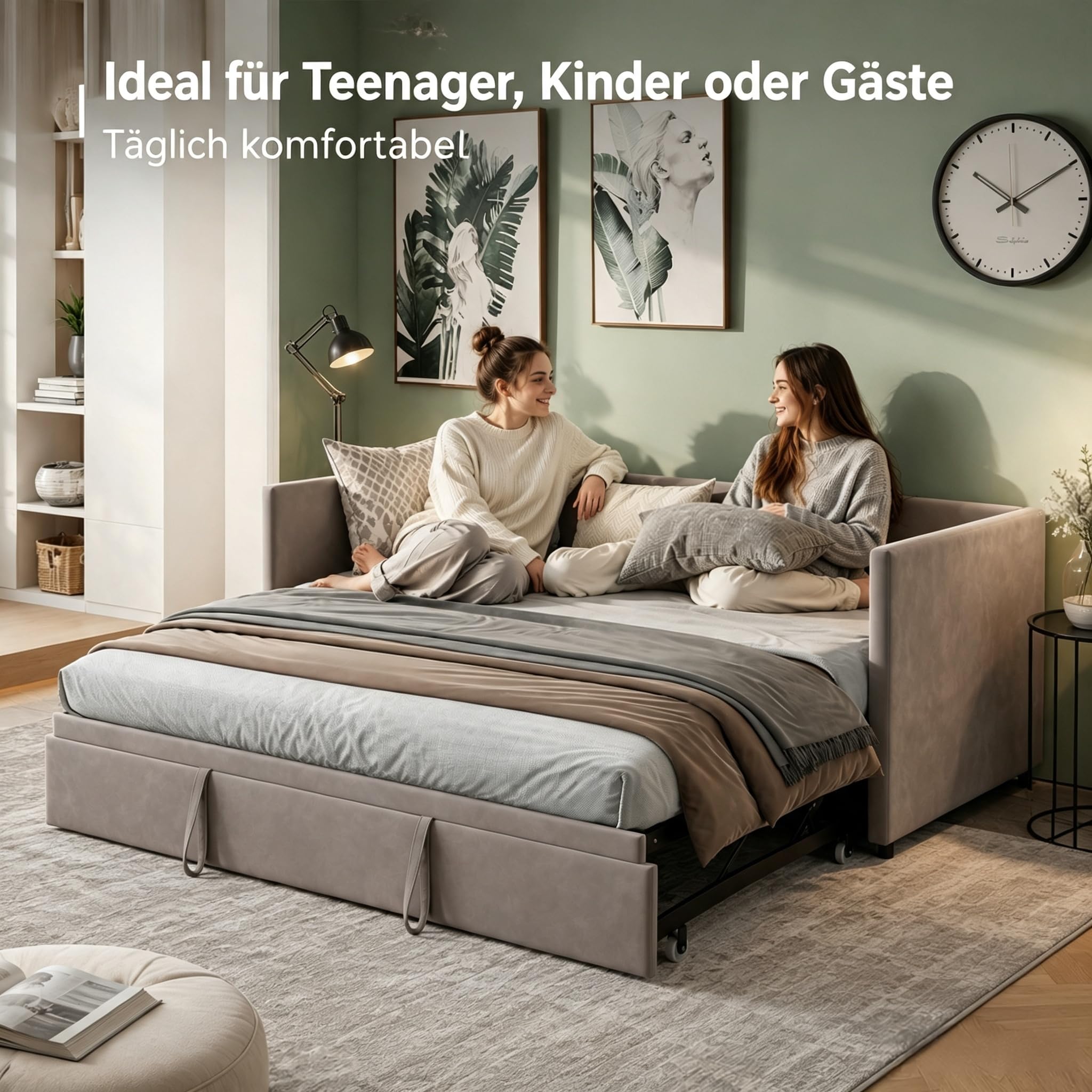 Schlafsofa Ausziehbar 90/180x200cm,Gästebett Tagesbett mit Lattenrost,Grau | Schlafcouch Polsterbett für Schlafzimmer Wohnzimmer,Ausziehbar zum Doppelbett,für Kleine Räume,Multifunktionsbett,Samtstoff