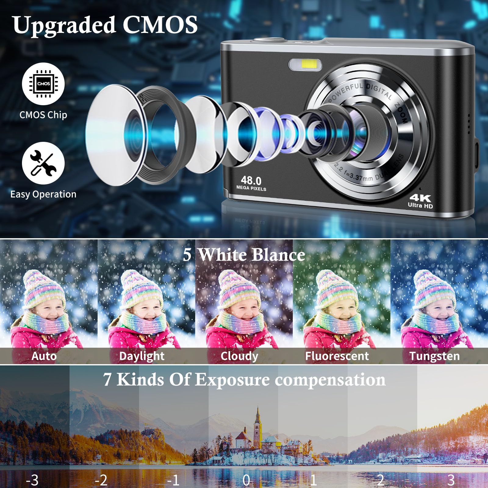 Lecran Macchina Fotografica Digitale 4K con Doppia Fotocamera, 48MP, Scheda da 32GB, Zoom Digitale 16X, 2 Batterie per Ragazzi e Principianti
