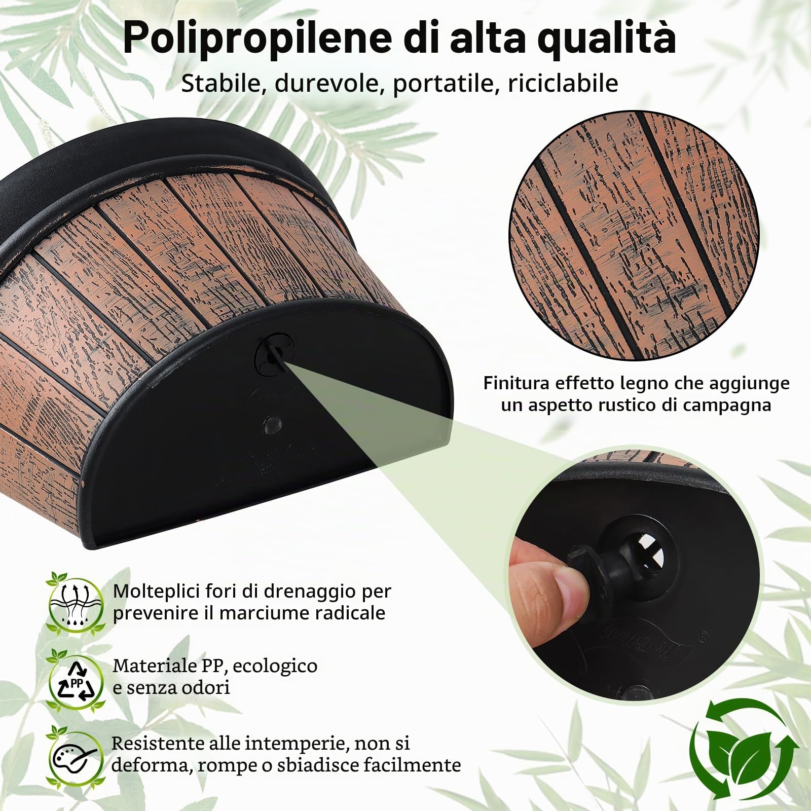 Set 3 Vasi da Fiori da Parete, Set di Vasi Distressed in Quercia, Vasi da Fiori in Plastica Rinforzata con Serbatoio per Acqua per Piante, Fiori, per Interni, Esterni, Ringhiere o Decorazioni