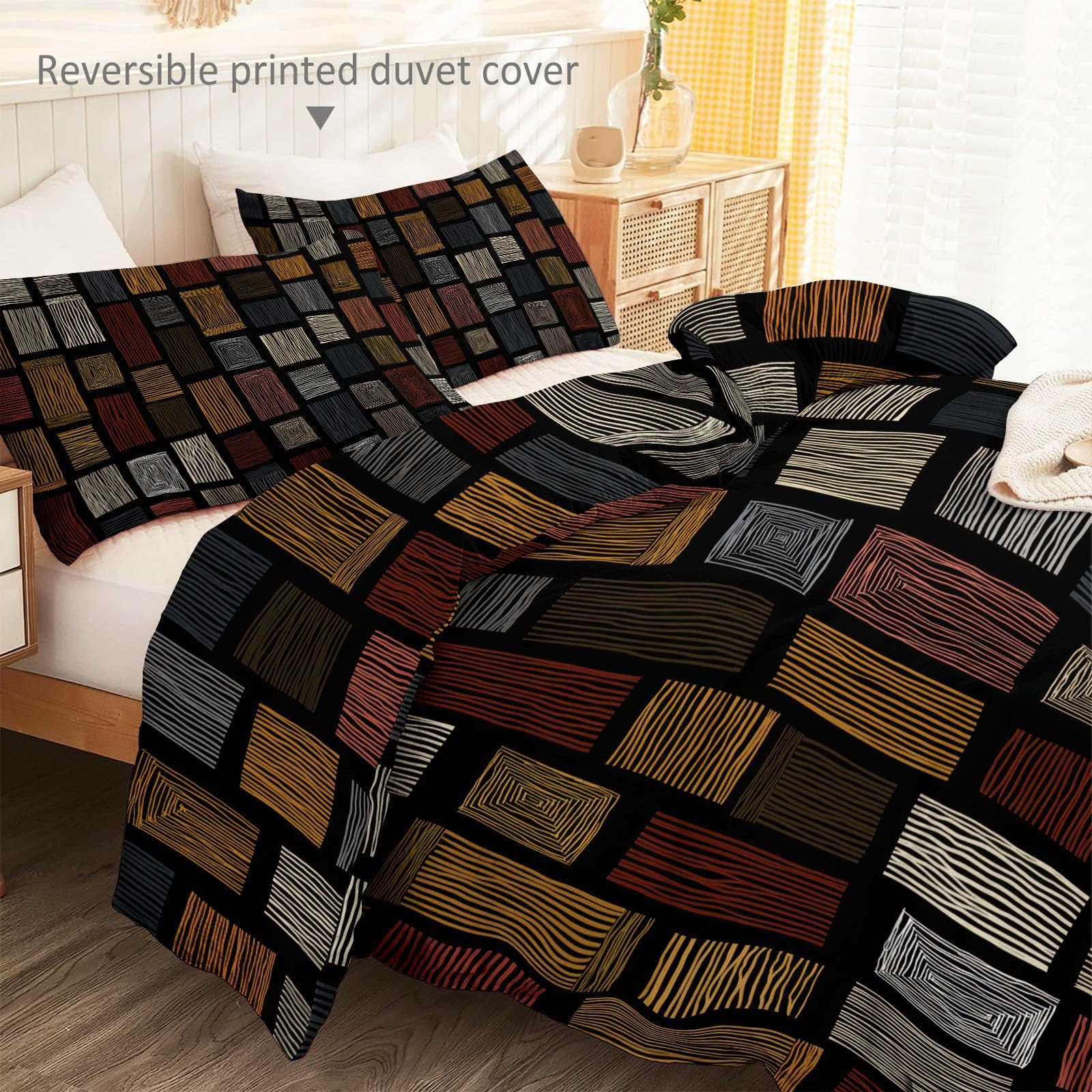 Set copripiumino bohémien, multicolore in microfibra, 200 x 200 cm, reversibile, a righe astratte, con 2 federe, morbido, per bambini e adulti