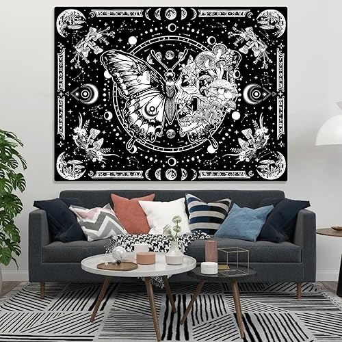 Miniatura 6 de Tapiz de esqueleto y mariposa, diseño de calavera en blanco y negro, diseño de hongos, tapiz estético hippie para colgar en la pared para