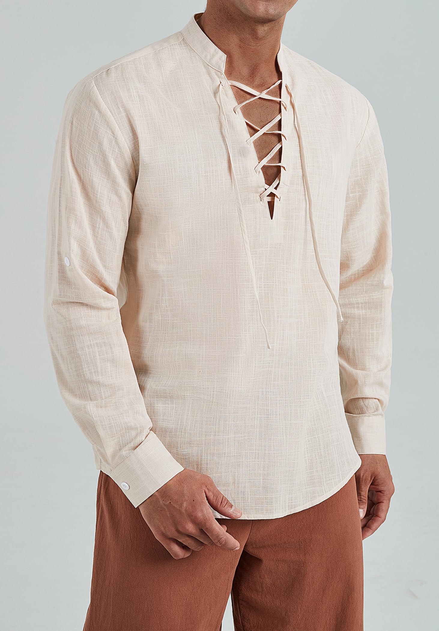 Enlision Camisas de Lino para Hombre Retro Medieval Renacimiento Cordón Henley Camisa Escocesa Ghillie Camisas de Manga Larga