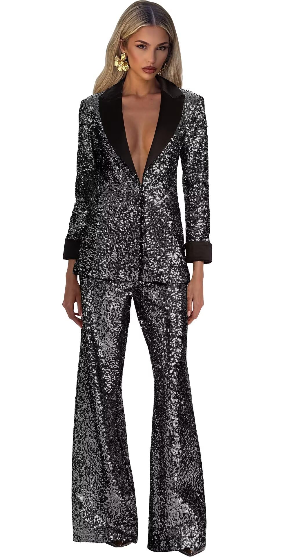 Sequin Suits for Women Regular Fit Womens Sparkly Blazer Pants Black Womens Pants Suit for Wedding Guest Size