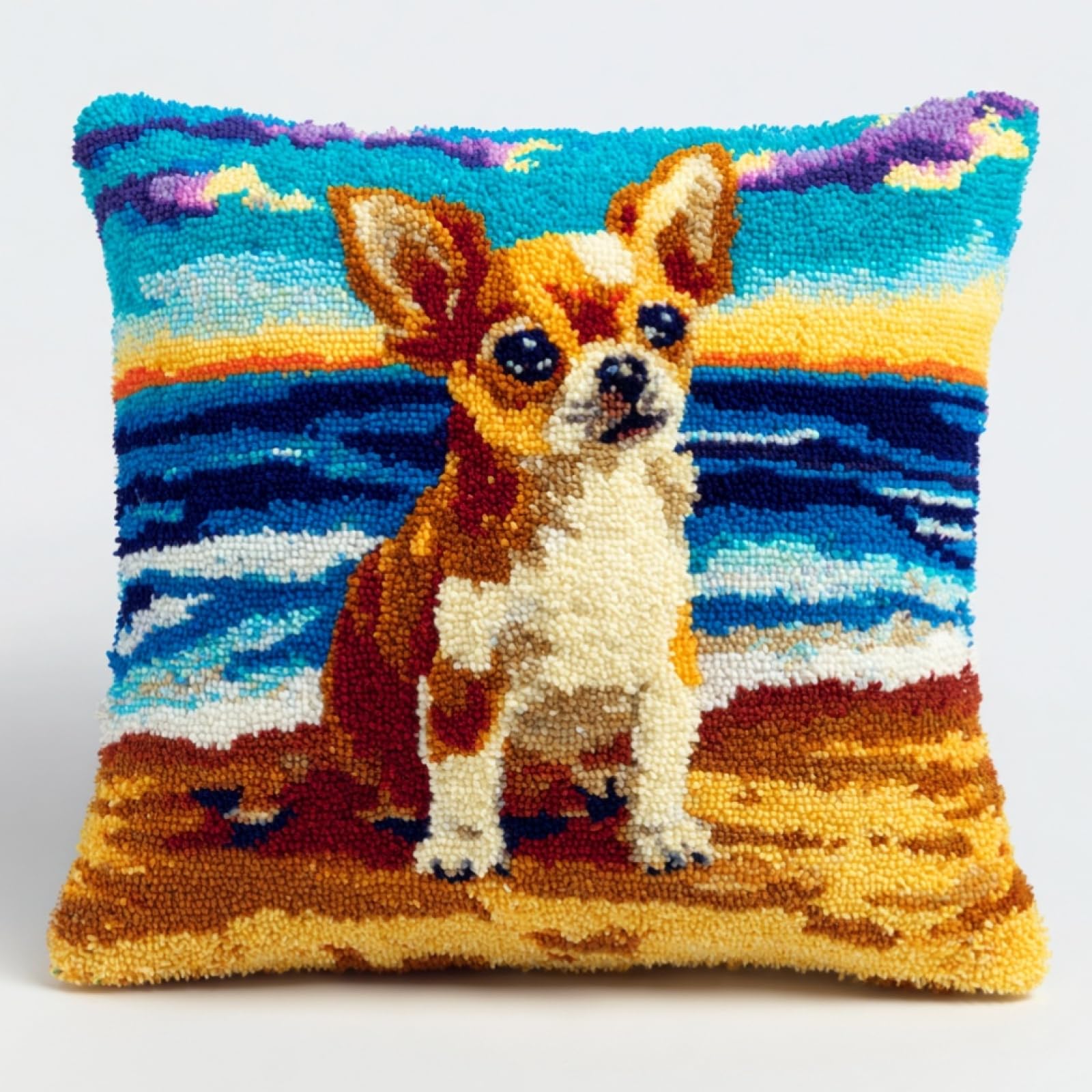 Wallustrioaw Latch Hook Cushion Kit,Chihuahuas On The Beach,Diy Rug Cushion Kit - Latch Hook Pillow For Beginners - Christmas Craft Activity,17X17in
