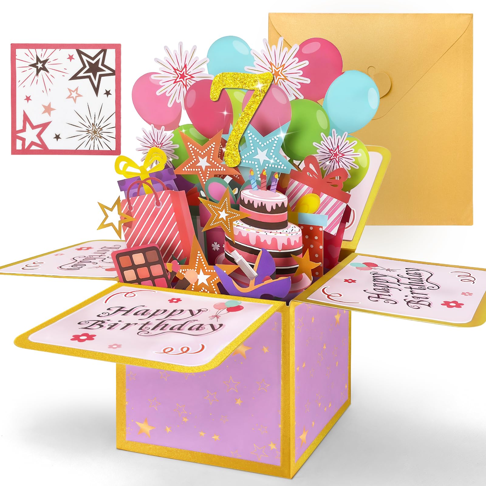 Hierein 7th Birthday Card, Pink Pop Up 7th Birthday Cards for Girl, 3D Sweet Happy Birthday Card, Popup Gift Box Greeting Cards for 7 Year Old Daughter Granddaughter Sister Niece Gift Decoration