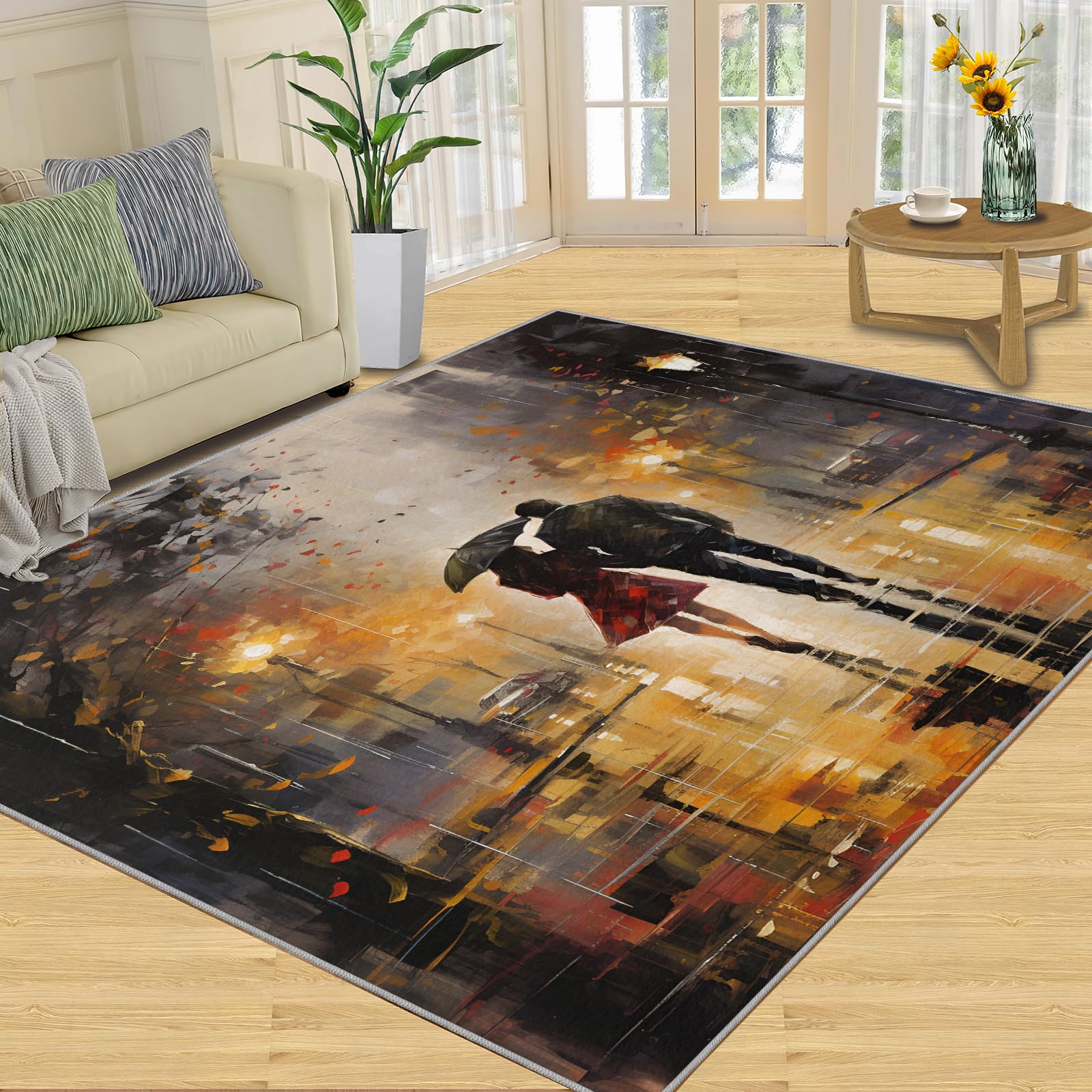 XEODIAT Romantic Couple Under Umbrella Area Rug Soft Autumn Street Scene Floor Mat Printed Design Large Carpet for Bedroom Kitchen Living Room 180 x 240 cm