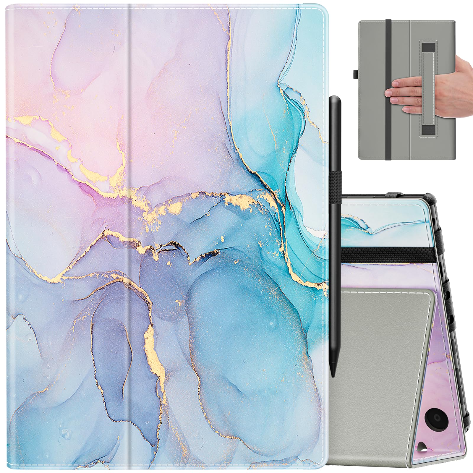 VORI Case for All-New Amazon Fire HD 10 & HD 10 Plus Tablets (11th Gen 2021), Slim Folding Stand Folio Cover with Auto Wake/Sleep & Hand Strap, Dreamy Marble