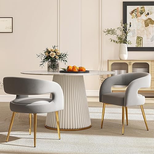 Juego de 2 sillas de comedor modernas tapizadas, sillas de comedor de terciopelo gris con patas doradas, respaldo abierto y silla de cocina, silla
