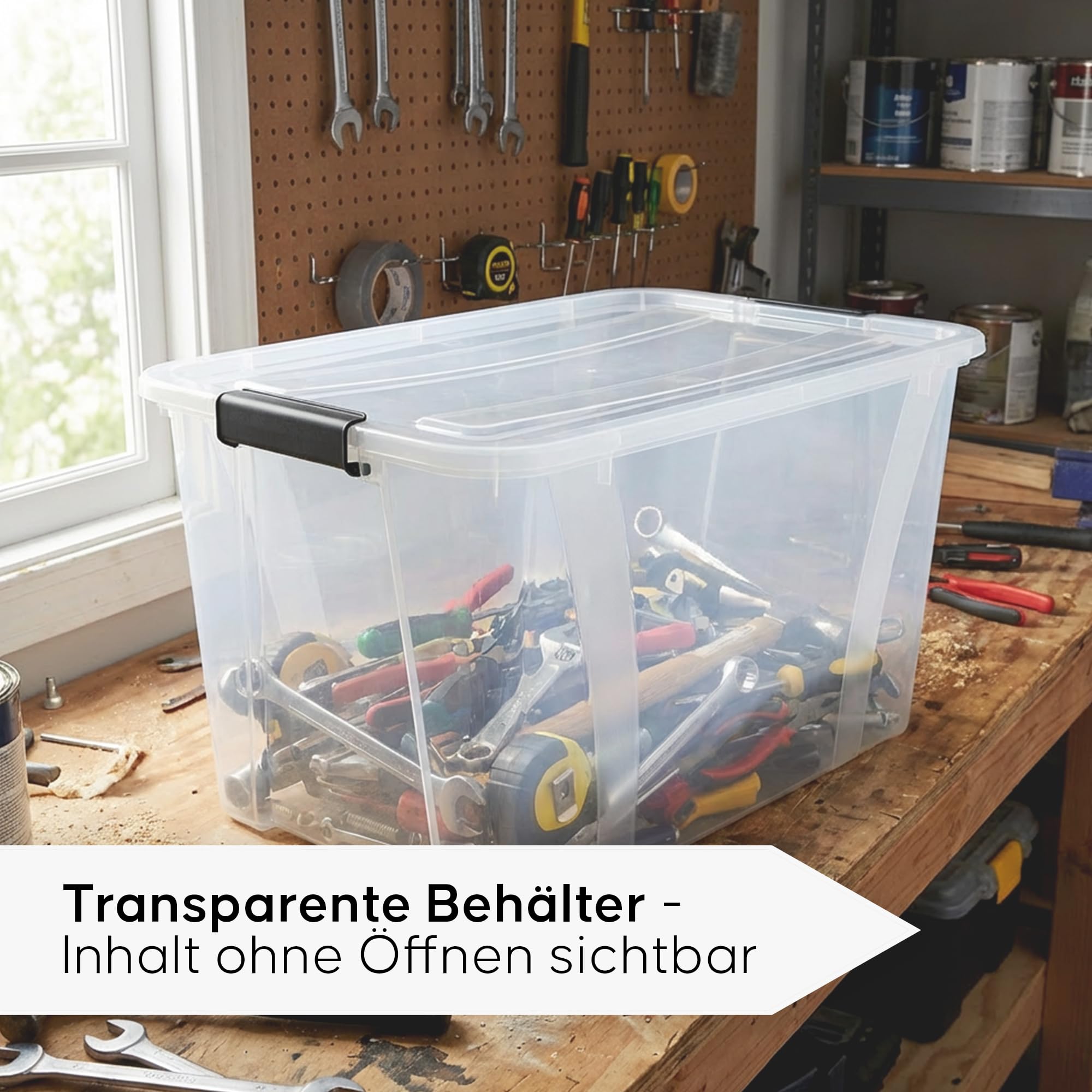 Aufbewahrungsboxen 4er-Set mit Deckel – Stapelbare Kunststoffboxen 7L, 14L, 21L, 32L, 55L, 80L Transparent mit Klickverschluss & Griffen, BPA-frei, Lebensmittelgeeignet, Ordnungskisten (55 L)