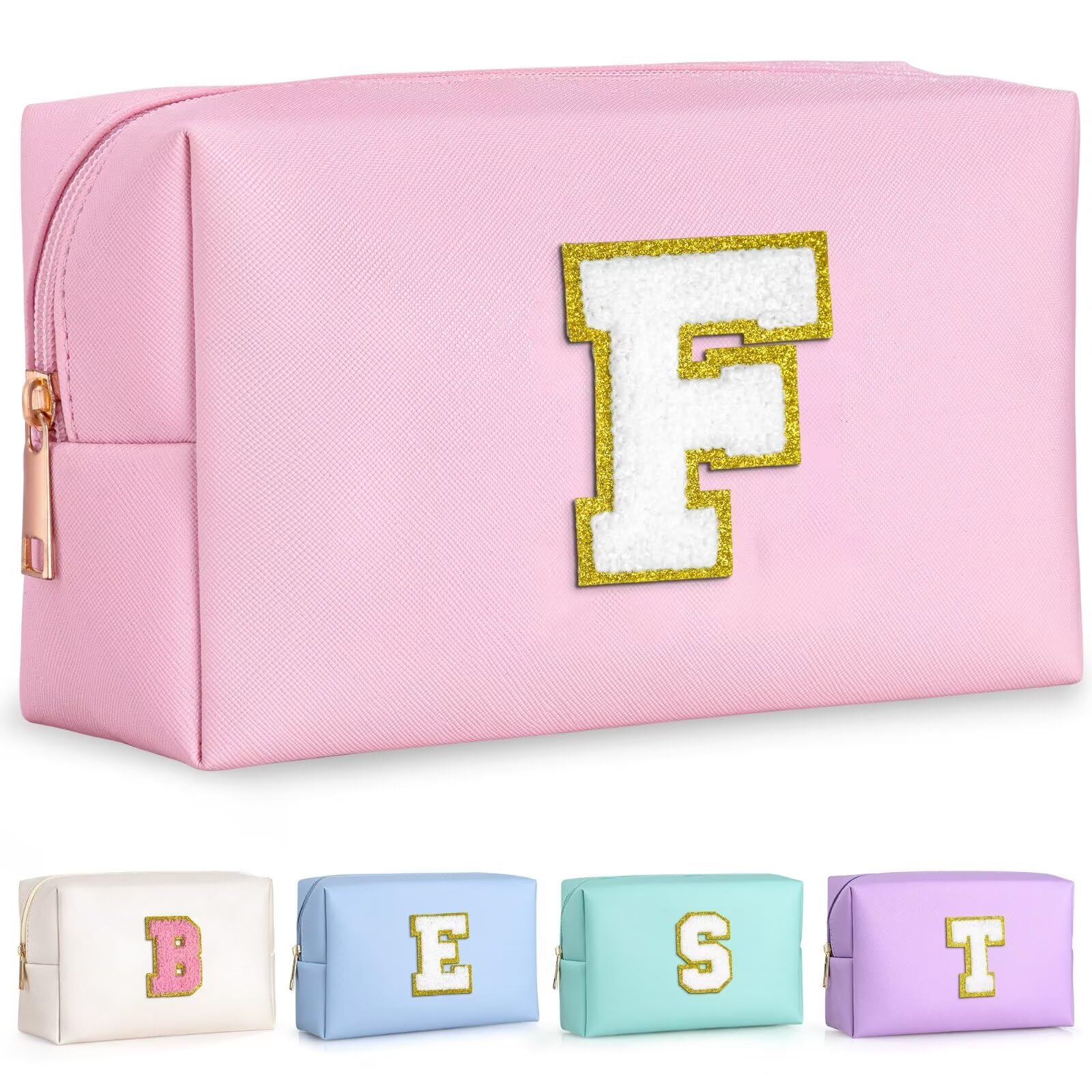 TOPEAST Preppy Makeup Bag, Small Cosmetic Travel Bags for Women, PU Leather Waterproof Toiletry Bag with Zipper, Personalized Birthday Gift for Women