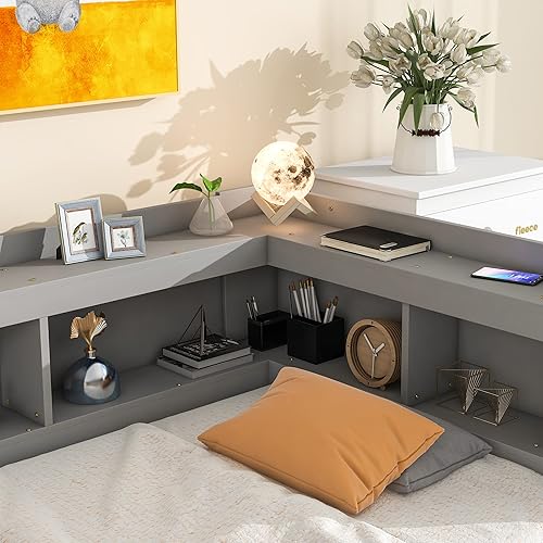 Miniatura 5 de Quarte Elegante cama de plataforma con estanterías en forma de L cama de plataforma de madera de tamaño individual con 2 cajones de almacenamiento