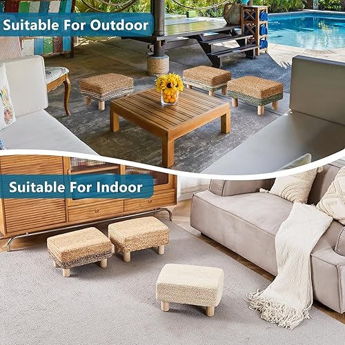 Miniatura 6 de Cpintltr Taburete otomano rectangular, reposapiés, otomano, taburete natural de algas marinas con patas de madera, taburete tejido a mano para sala