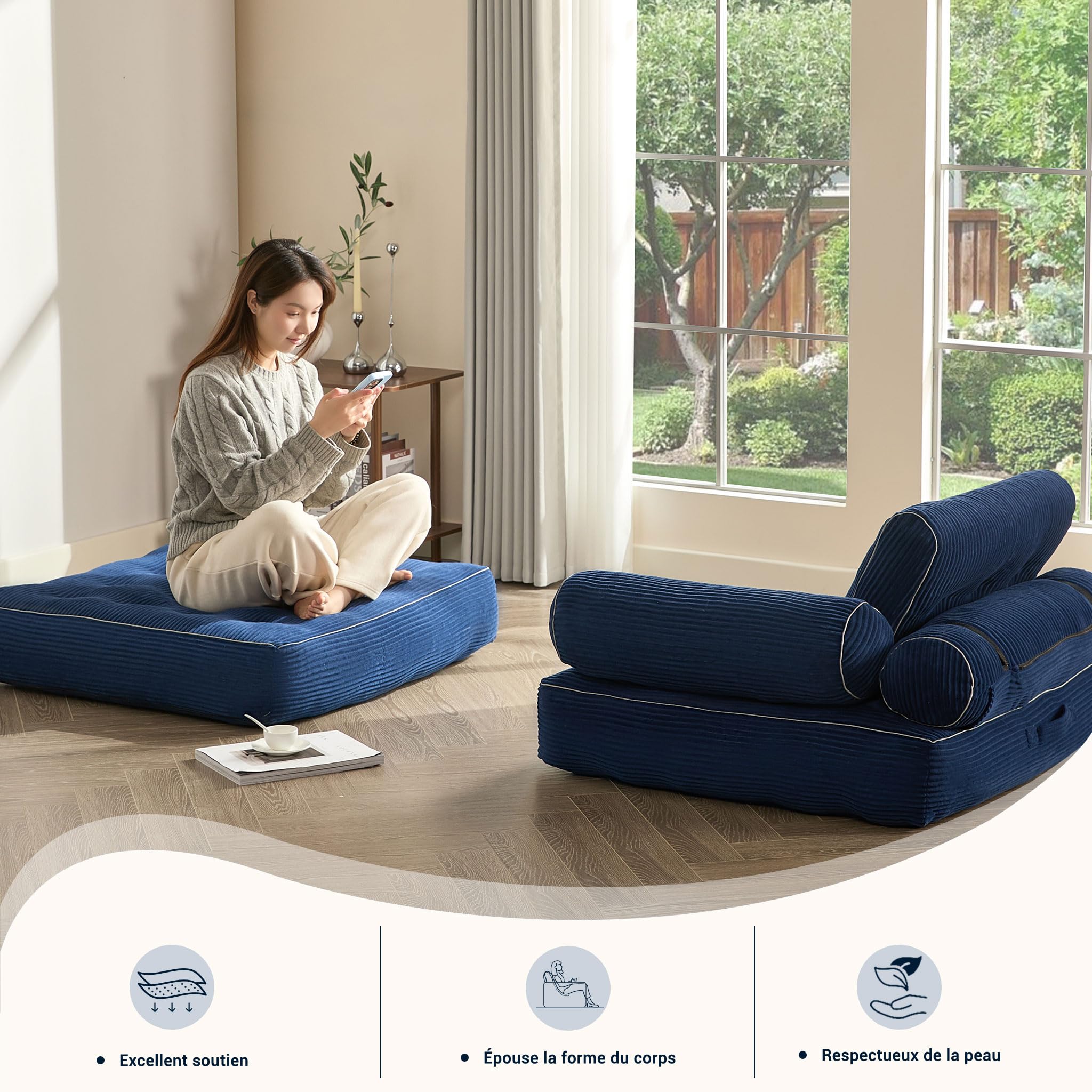 Sillón Cama Individual Plegable con Respaldo y Espuma viscoelástica, sofá de Suelo Tipo futón Convertible en colchón, Ideal para salón, Dormitorio u Oficina