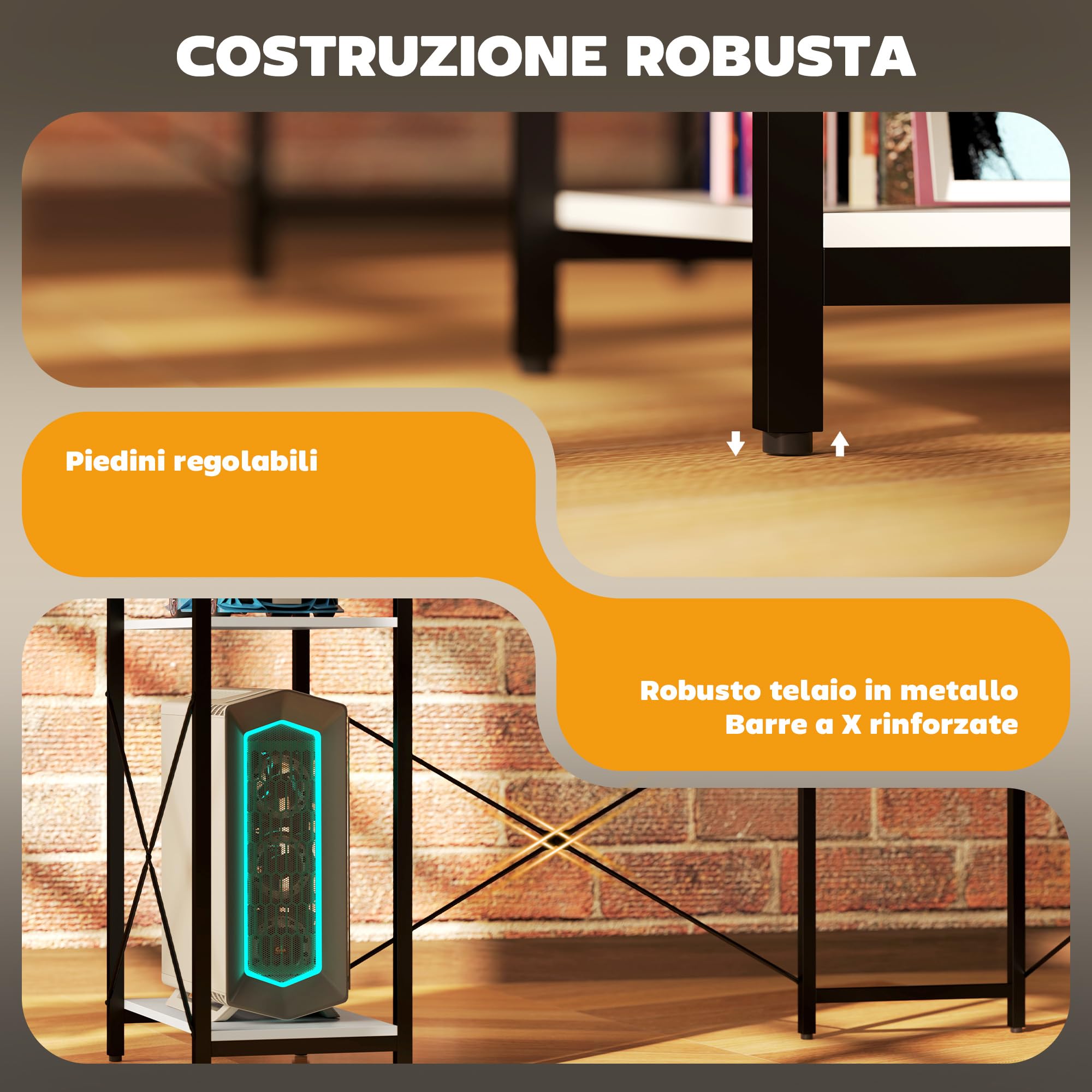 HOMCOM Scrivania Angolare per Computer 137x140cm ad L Reversibile Nero | Doppio Supporto per Monitor, Prese Elettriche, Tavolo per PC con Libreria, per Ufficio Studio e Camera da Letto