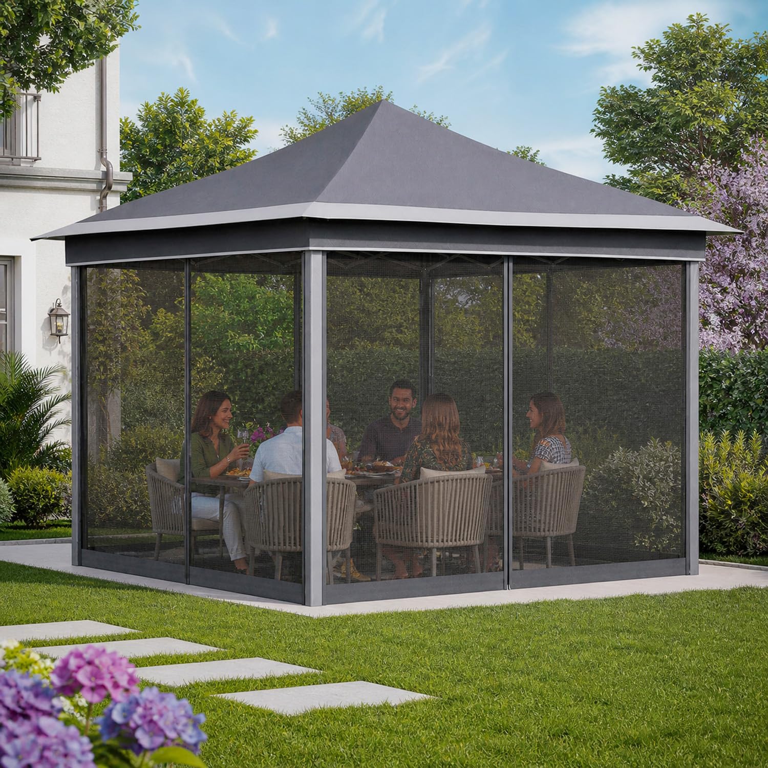 Gazebo Pieghevole Da Giardino Con Zanzariere Laterali Copertura Oxford UV50+ Struttura Regolabile Pop Up Con Borsa Trasporto Per Eventi Outdoor 360 x 360 x 310 Cm Bianco