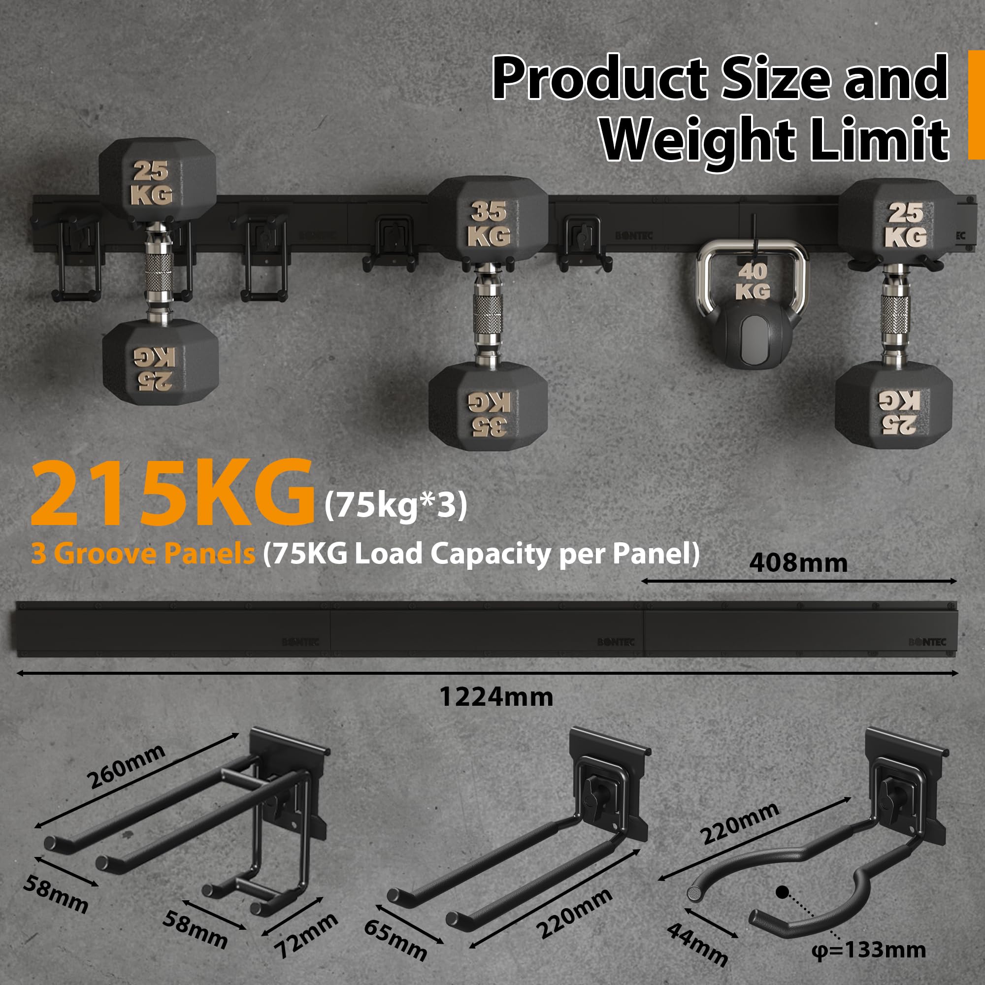 BONTEC Supporto per Attrezzi da Parete, Pannello Portautensili Garage da 122 cm con 8 Ganci Regolabili, Binario 7,8 cm, Porta Scope, Porta Bici, Organizer Officina, Antiruggine, Attrezzi Giardino,Nero