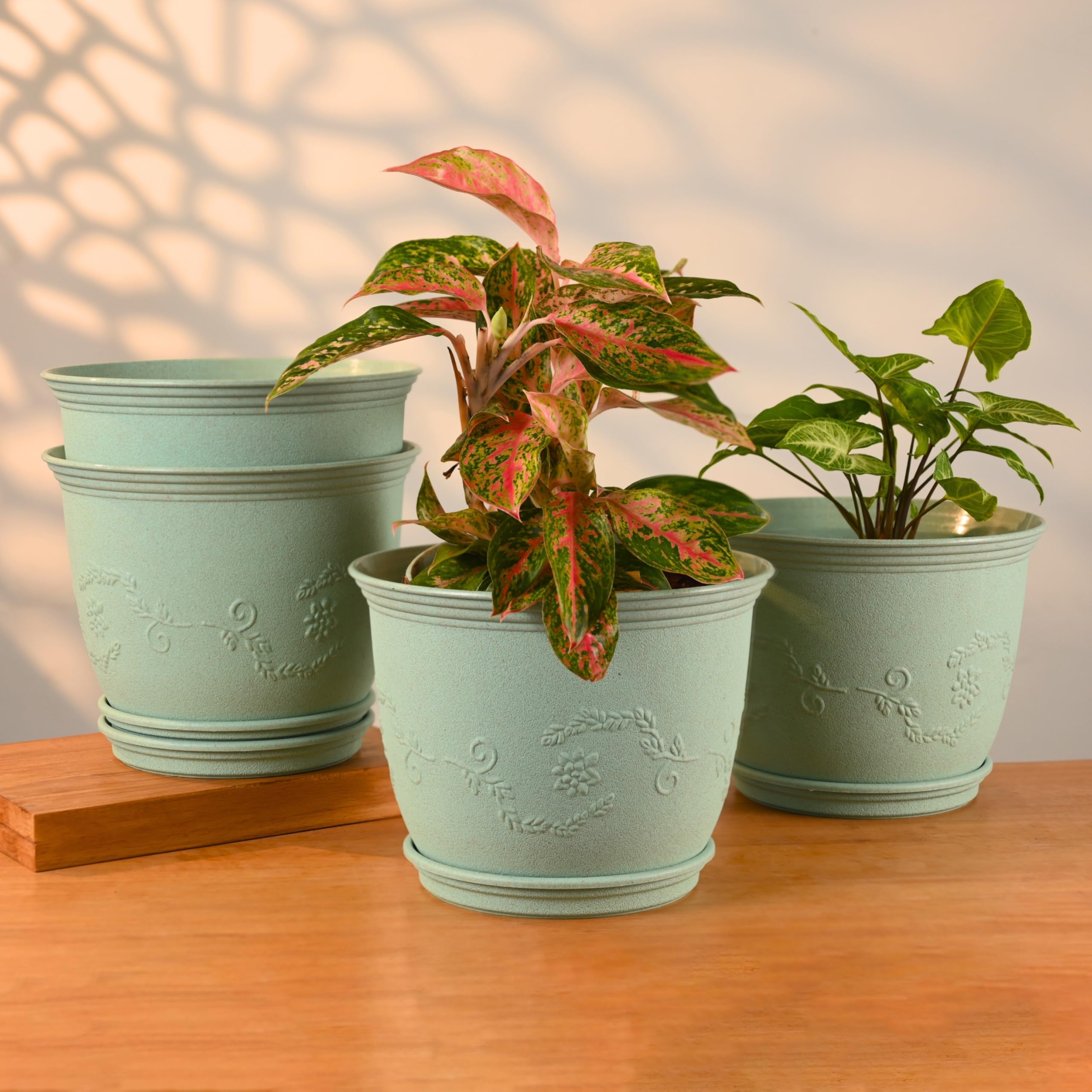 Eha Earth Friendly 10" Leafy Planter with Tray Made with Rice Husk, 4 Units | UV Protected Plant Pots | Flower Pots for Garden, Indoor, Home Decor, Outdoor & Balcony discount deal