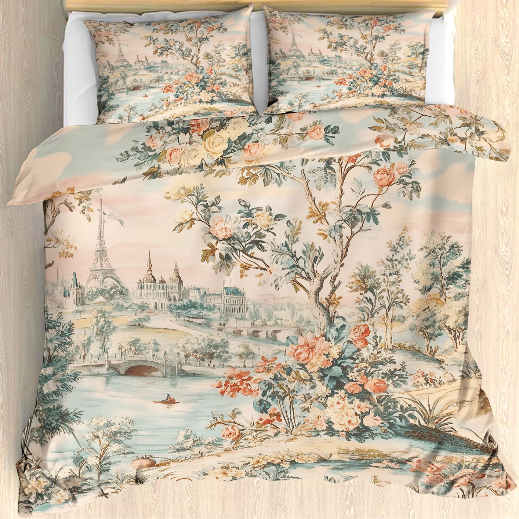 Maohryzed Toile De Jouy Motif Bedding Sets Double Size - French Duvet Cover Set with 2 Pillowcases - Victorian Damask Quilt Cover 200x200cm - Comfortable Microfibre Reversible Bedding Bed Cover
