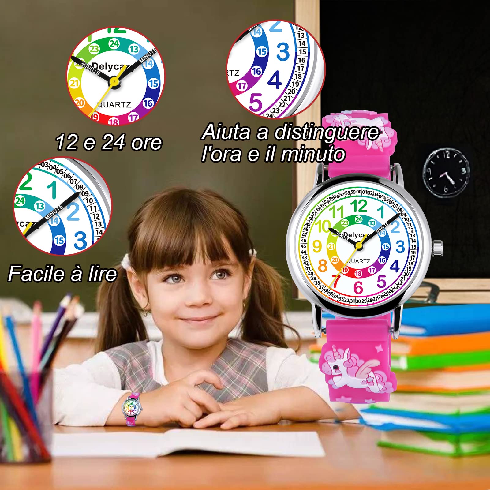 Delycazy Orologio Bambina Bambino, 12 e 24 Orario Movimento al Quarzo Orologio per Bambini, Regalo per Ragazze Ragazzi 4 5 6 7 8 9 10 Anni