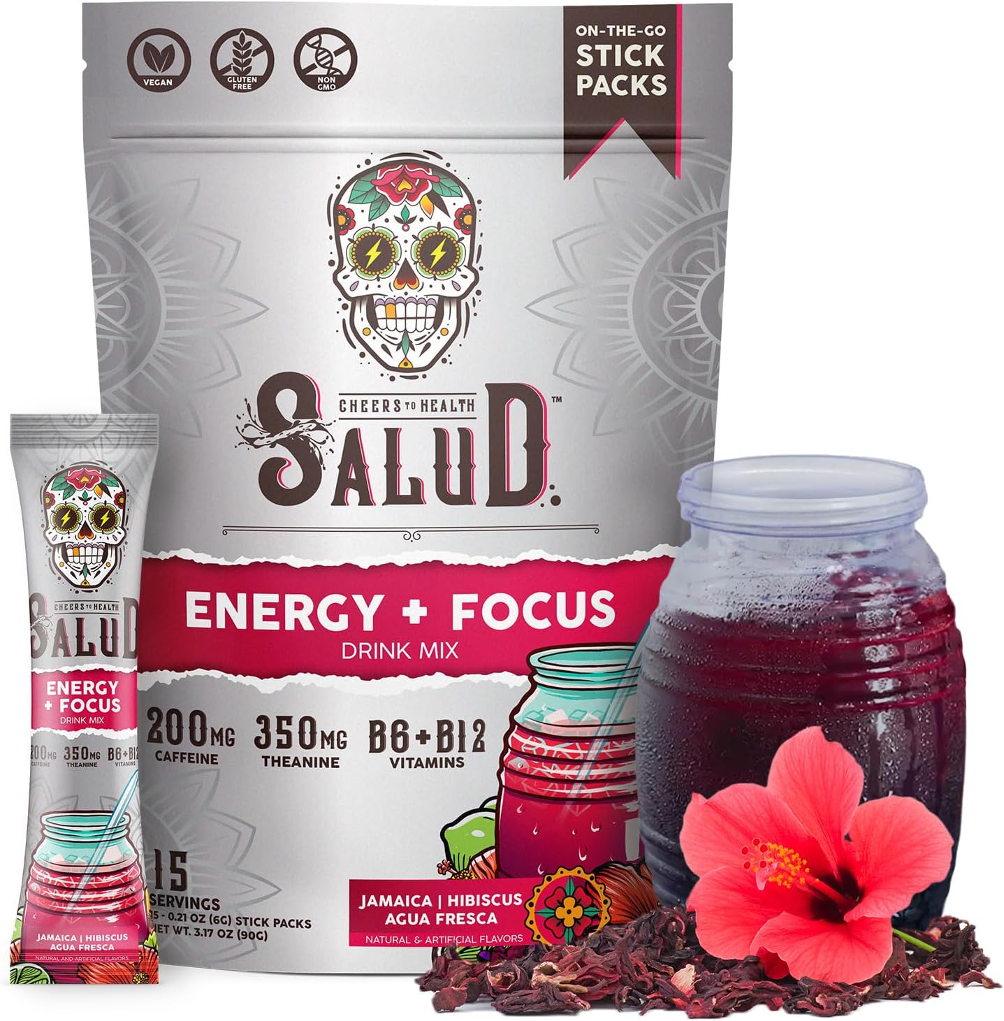 Salud 2-in-1 Energy Drink Powder + Focus, Hibiscus, Organic Caffeine, B6 + B12, Theanine, Clean Energy Drink Packets, Jamaica Agua Fresca Mix, Non-GMO, Gluten Free, Vegan, 1g of Sugar, (15 Servings)