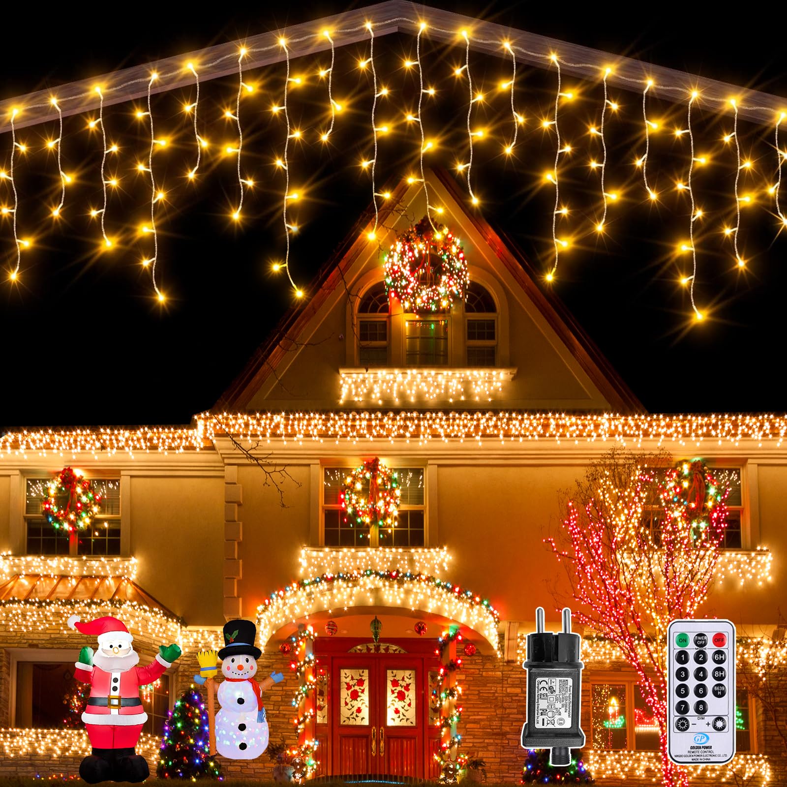 Auriostar Cortina Luces Navidad Exterior, 7.5M 306LED Cadena Luces Navidad Exterior, 8 Modos Guirnalda Luces para Exterior, Interio, Decoración Navidad, Casa, Balcon, Habitación, Jardín, Blanco Cálido