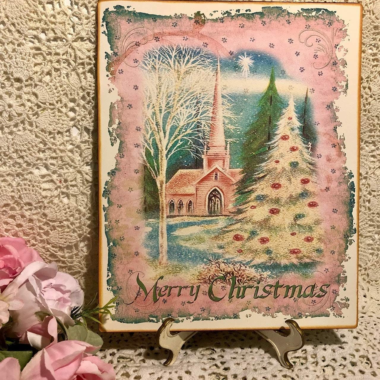 Kwqdozf As Pic Metal Signs Vintage Merry Christmas Pink Christmas Church Plaque Antique Me