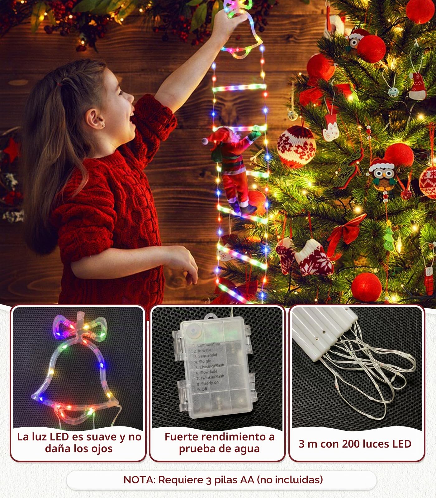 Guirnalda Luces de Navidad - 3 Metros LED Escalera Pilas Luces Navidad Exterior con Papá Noel, 8 Modos Luz Luces de Navideña Decoracion con Control Remoto Exterior Interior para Habitacion,Balcon