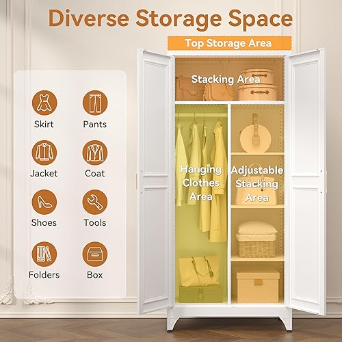 Miniatura 7 de Metal Armoire Wardrobe Closet, 71" Tall White Wardrobe Cabinet with 2 Doors, Hanging Rod and Adjustable Shelves, Steel Clothing Storage Cabinet for