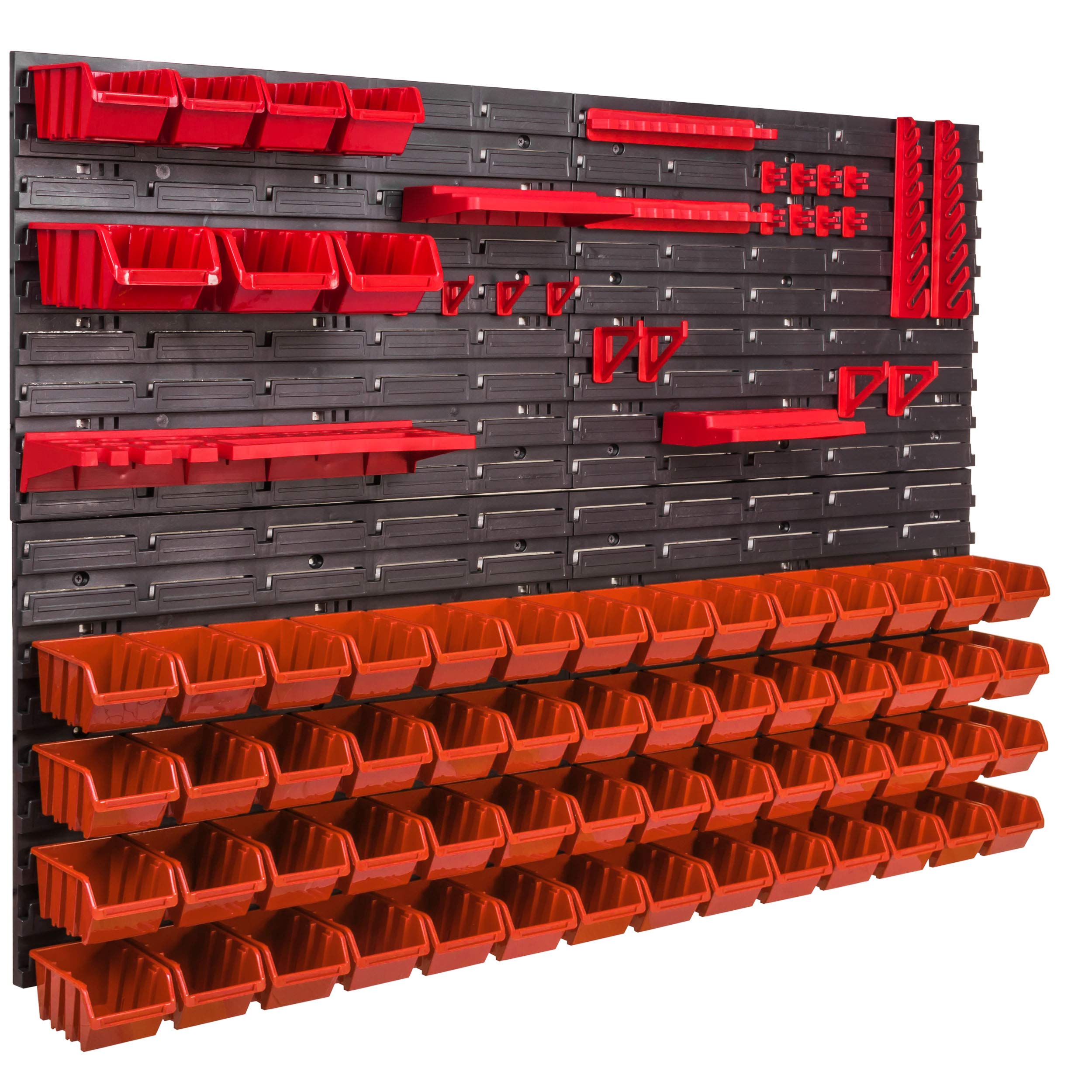 Regał warsztatowy regał ścienny 1152 x 780 mm pudełka do układania w stos czerwone czarne uchwyty narzędziowe skrzynki do przechowywania magazynowego system regałowy pojemnik do przechowywania (63 pudełka pomarańczowe)