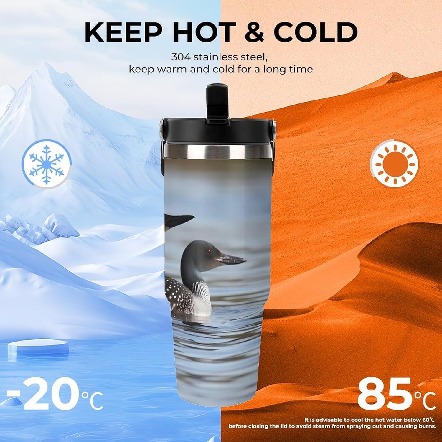 30oz Insulated Tumblers with Top Handle, Stainless Steel Loon Birds Car Cup with Straw for Gift, Leak-Proof Double Wall Vacuum Travel Mug, Personalized Water Bottles Black