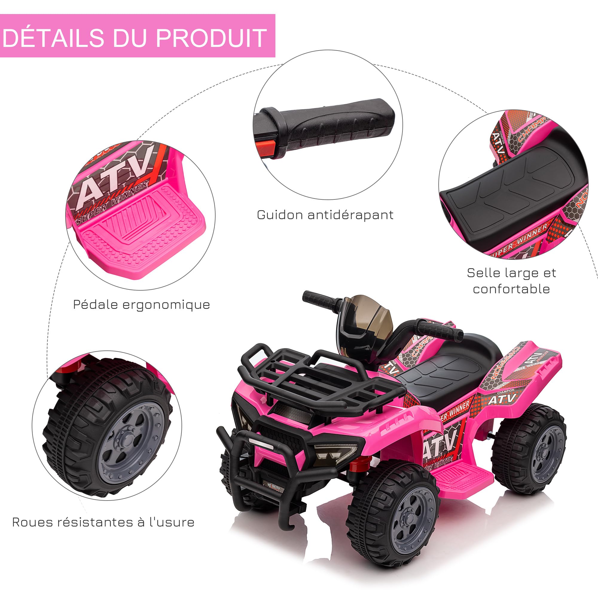 HOMCOM Quad Buggy Voiture électrique Enfant Quad électrique 18-36 Mois 6 V 2 Km/h Max. Rose