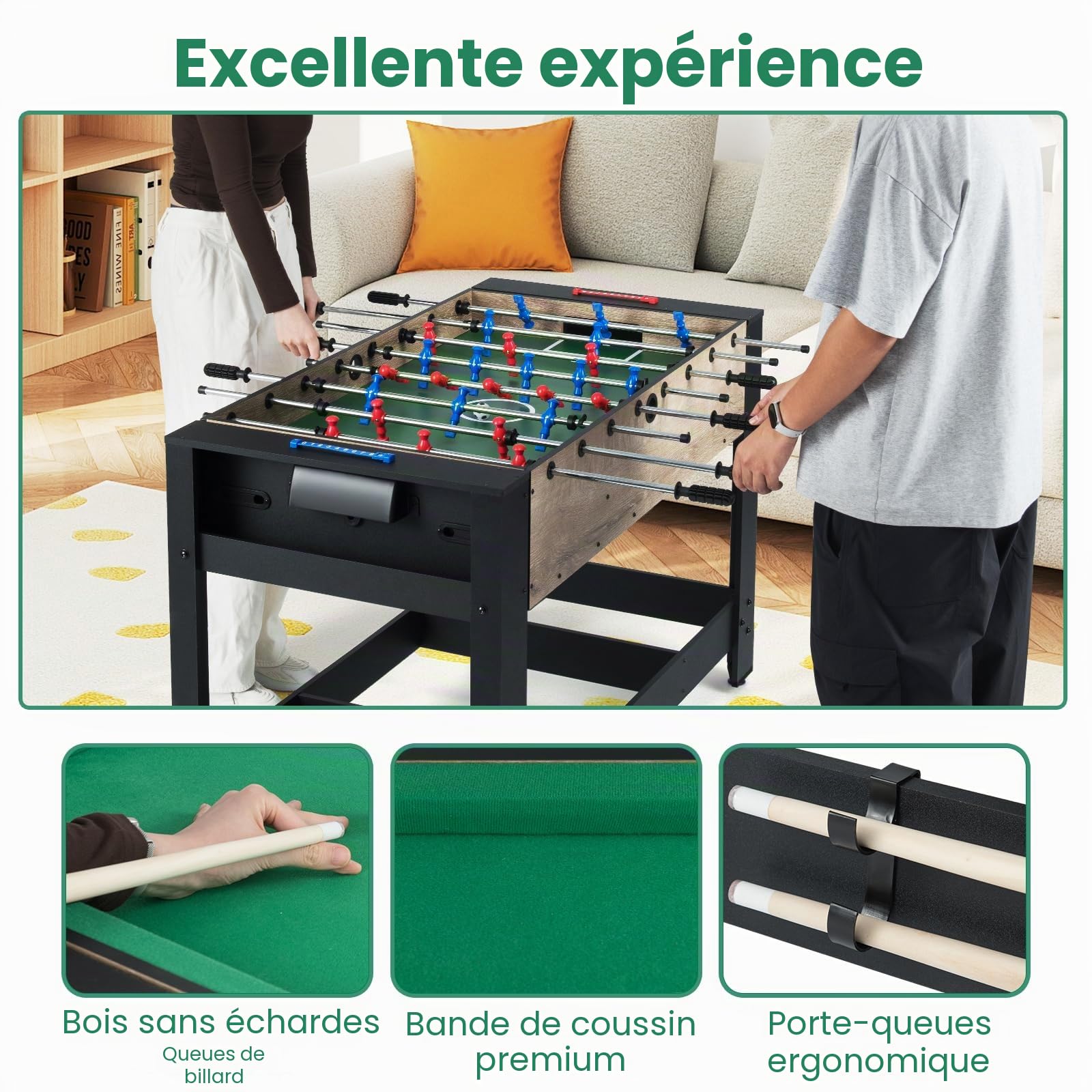 HOMASIS 2 en 1 Table de Jeu Multifonction Pliable avec 2 Boules et Marque-Points, Table de Billard avec 2 Queues et Triangle de Maison