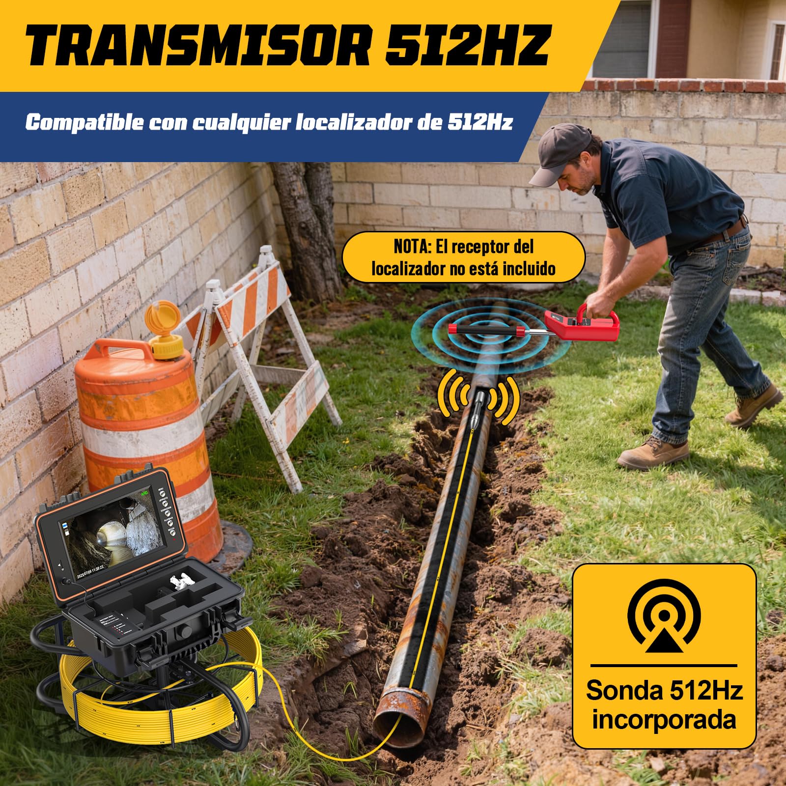 Cámara de Inspección de Tuberías con Sonda 512Hz, Cable Grueso 7MM, Auto-Nivelación 1080P, Pantalla IPS HD de 9", DVR 32GB, Batería 5100mAh, Impermeable IP68 (30M)