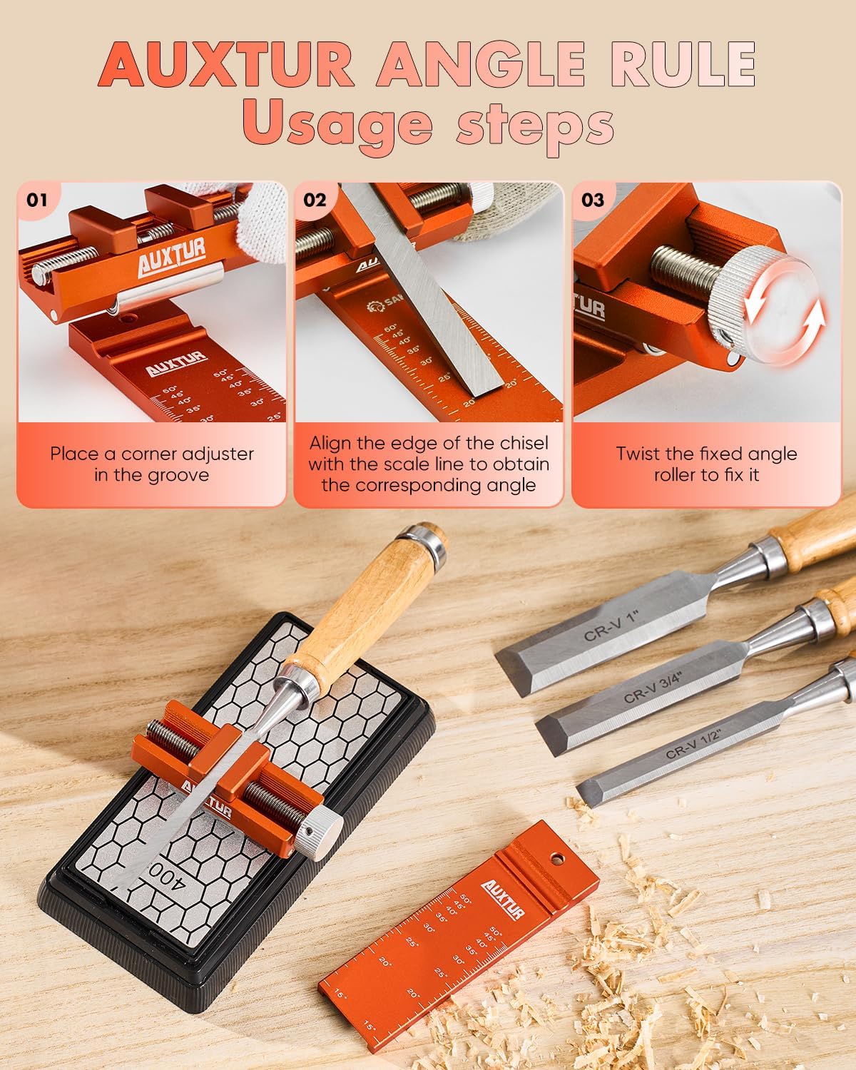 Honing Guide & Chisel Sharpening Jig Set with Angle Rule | Sharpening Angle Guide 15°–50°, Alloy Steel Roller Guide, Whetstone Sharpening Stone for Woodworking Chisel & Planer Blade