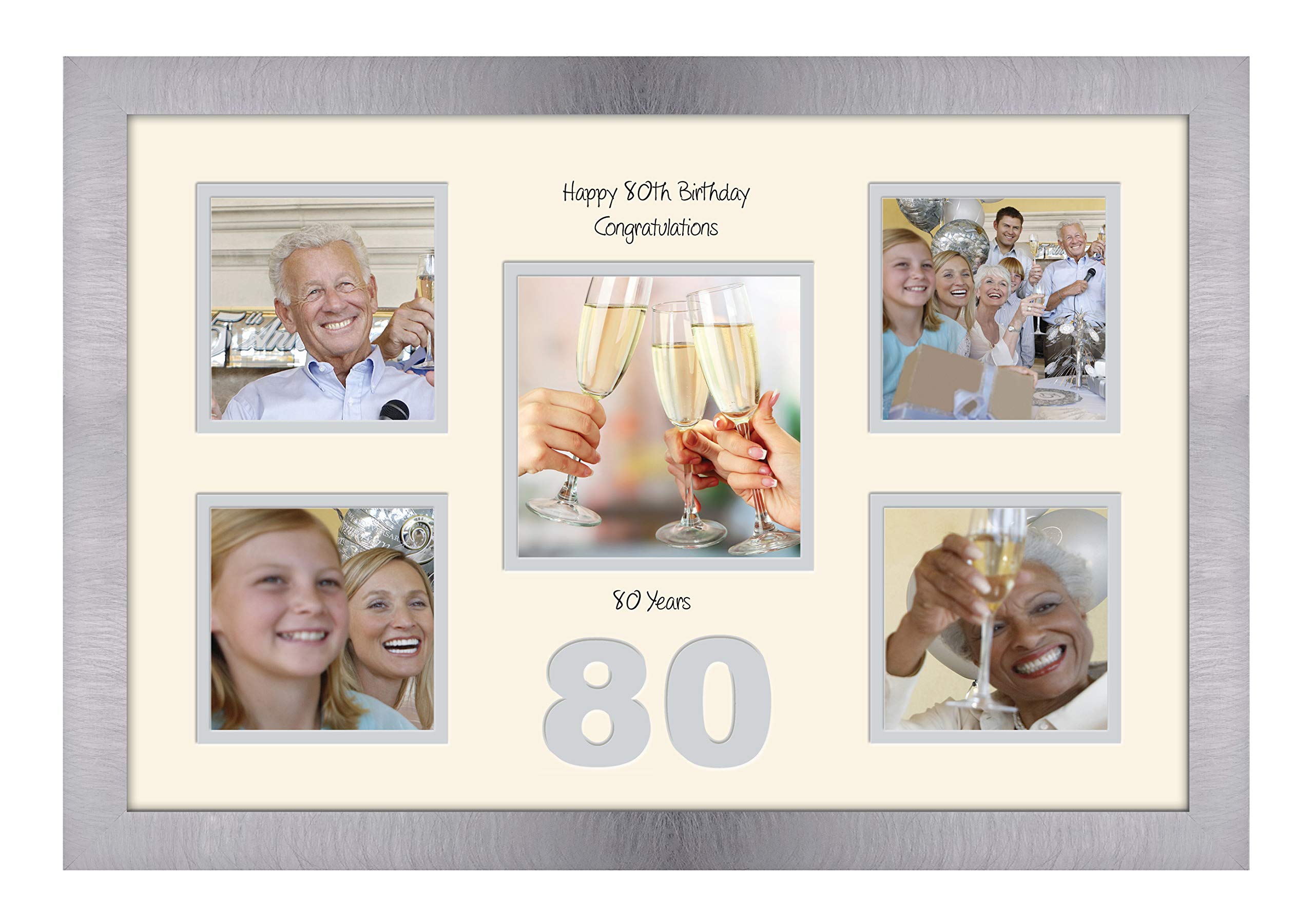 Photos In A Word Brushed Silver Finish Frame Cream Mount Grey Inside 80Th Birthday Photo Frame 4"X4" X4 And 5"X5" Photo 972D (Brushed Silver Finish Frame Cream Mount Grey Inside)