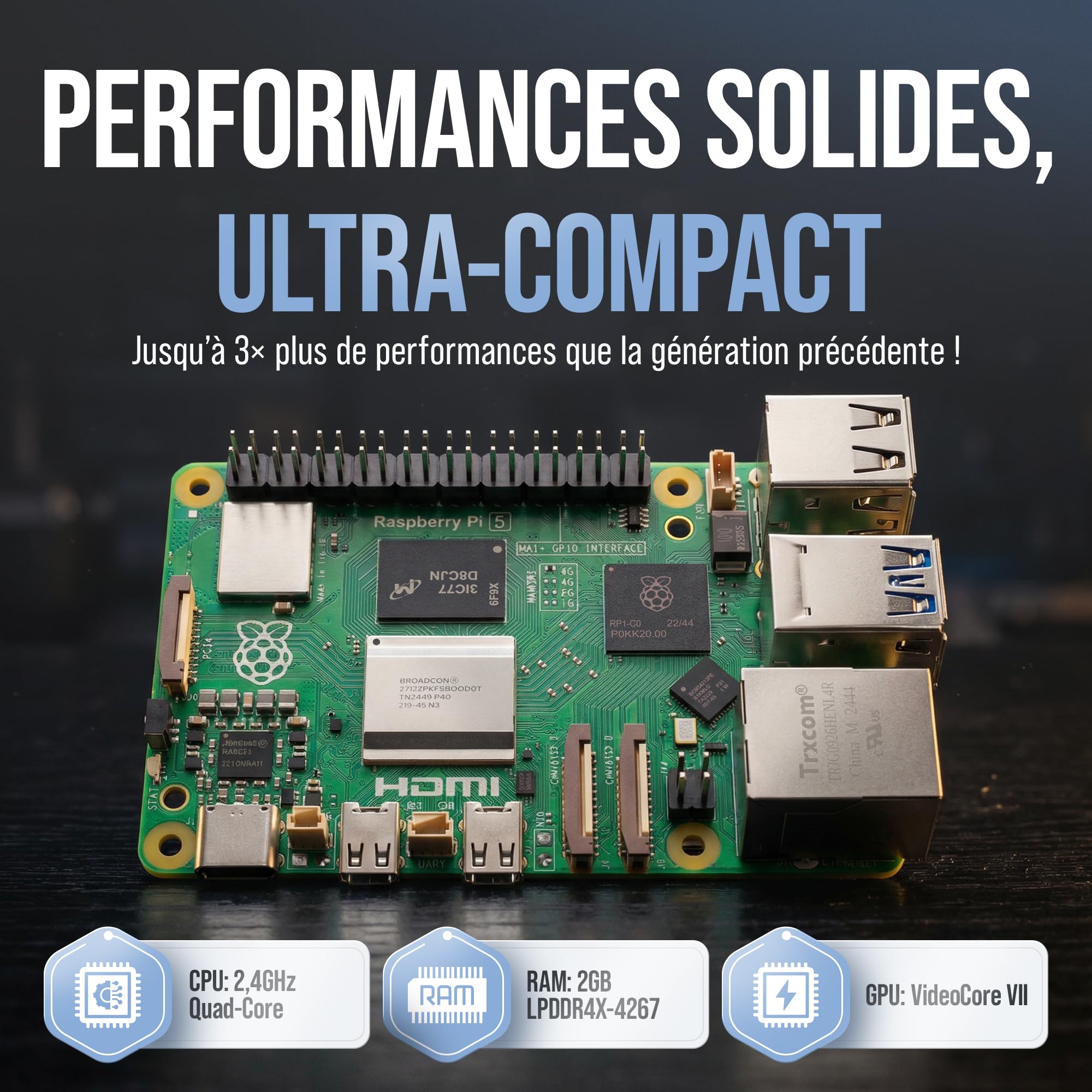db-tronic Raspberry Pi 5 2 Go Starter Kit | Édition Noire 64 Go | Alimentation 27 W | Boîtier avec Ventilateur | Micro HDMI 4K | idéal pour Home Assistant et Le Smart Home