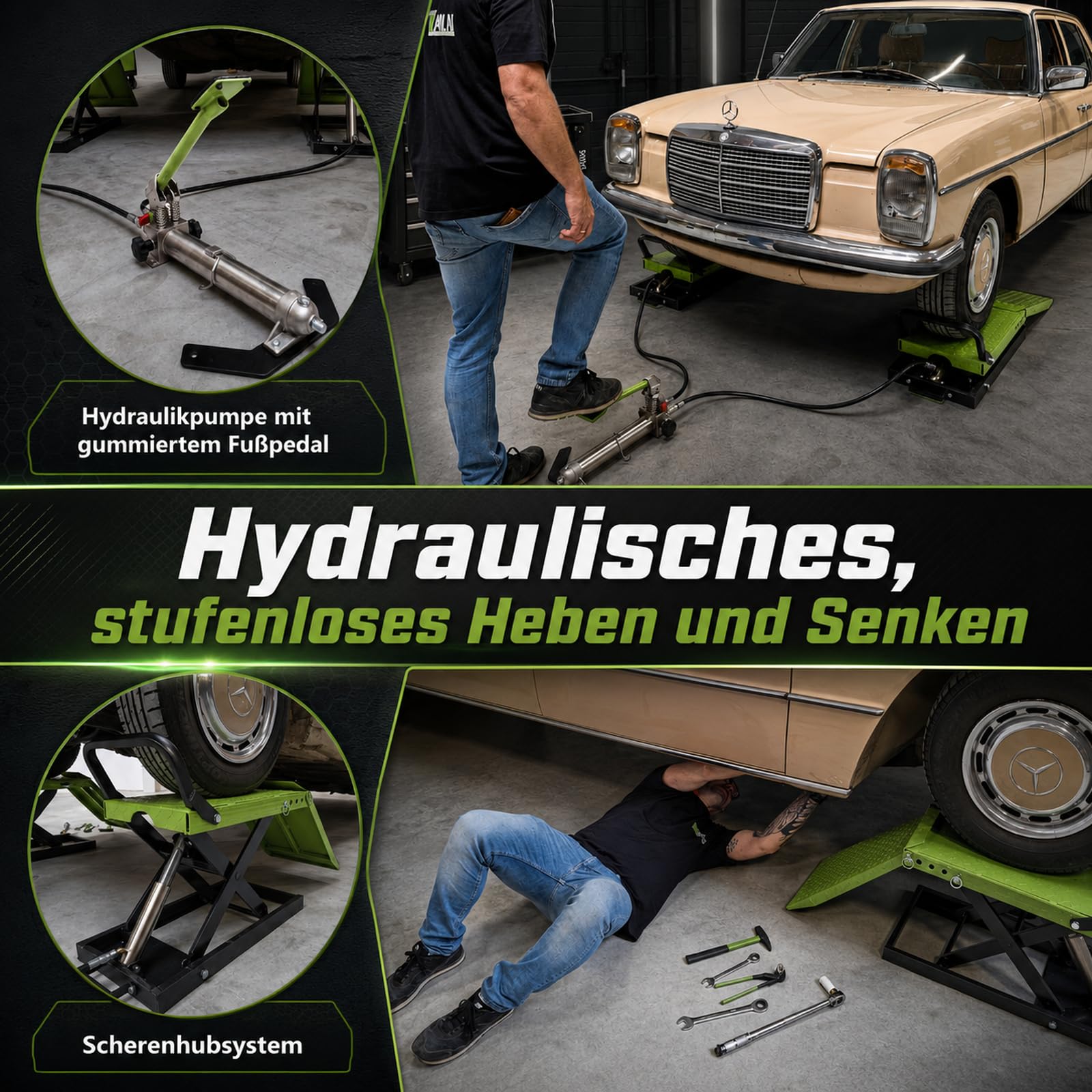TRUTZHOLM Auffahrrampe hydraulisch höhenverstellbar Tragkraft 1360 kg Breite je Hebeplattform 34 cm doppelte Hebebühne Wagenheber Car Lift Scherenheber Montagerampe KFZ Rampe Auffahrbock schwarz/grün
