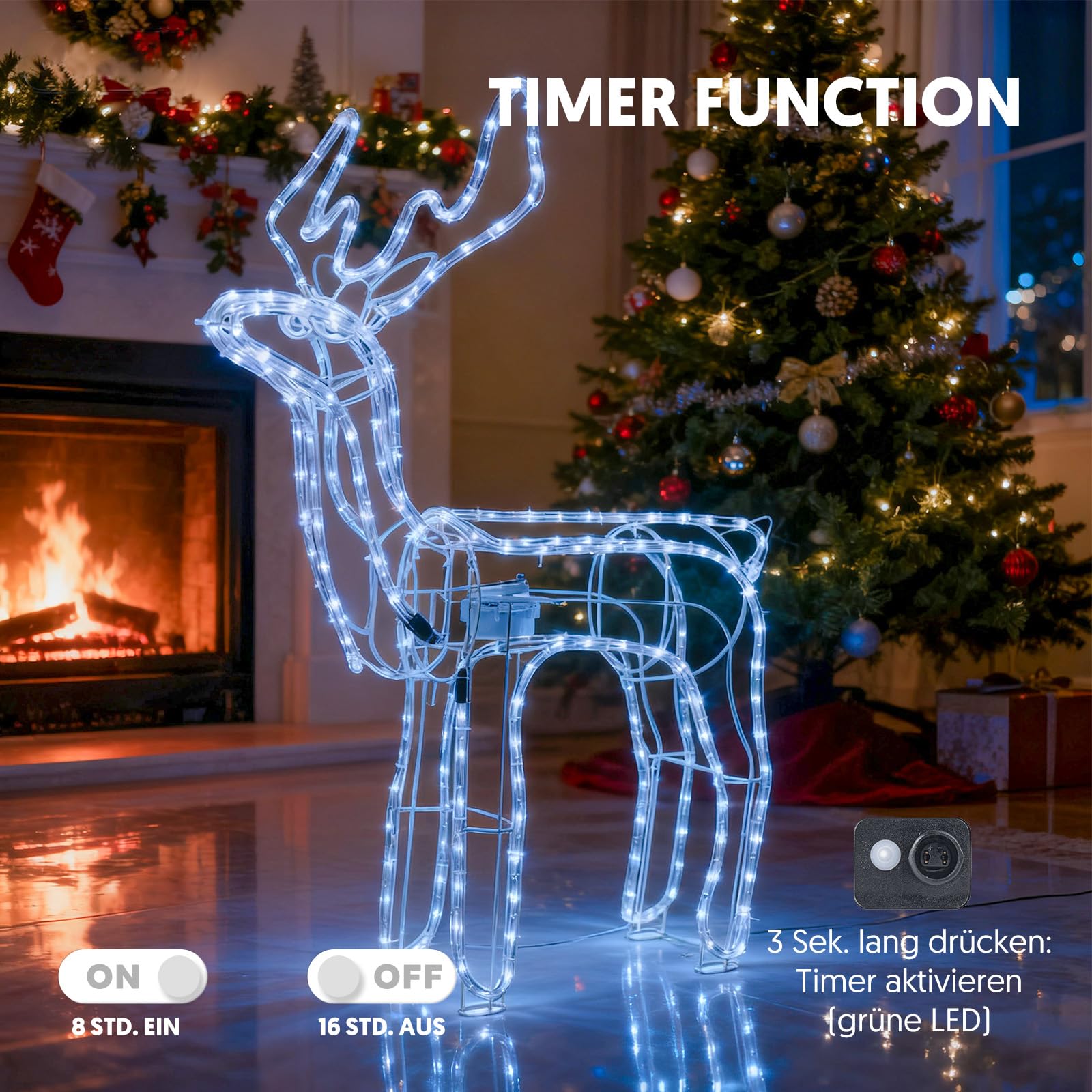 LEDYA Renna di Natale luminosa con testa animata, 216 LED bianco freddo, grande renna luminosa 89 cm, decorazione natalizia da interno/esterno con timer, alimentazione a rete per giardino o veranda