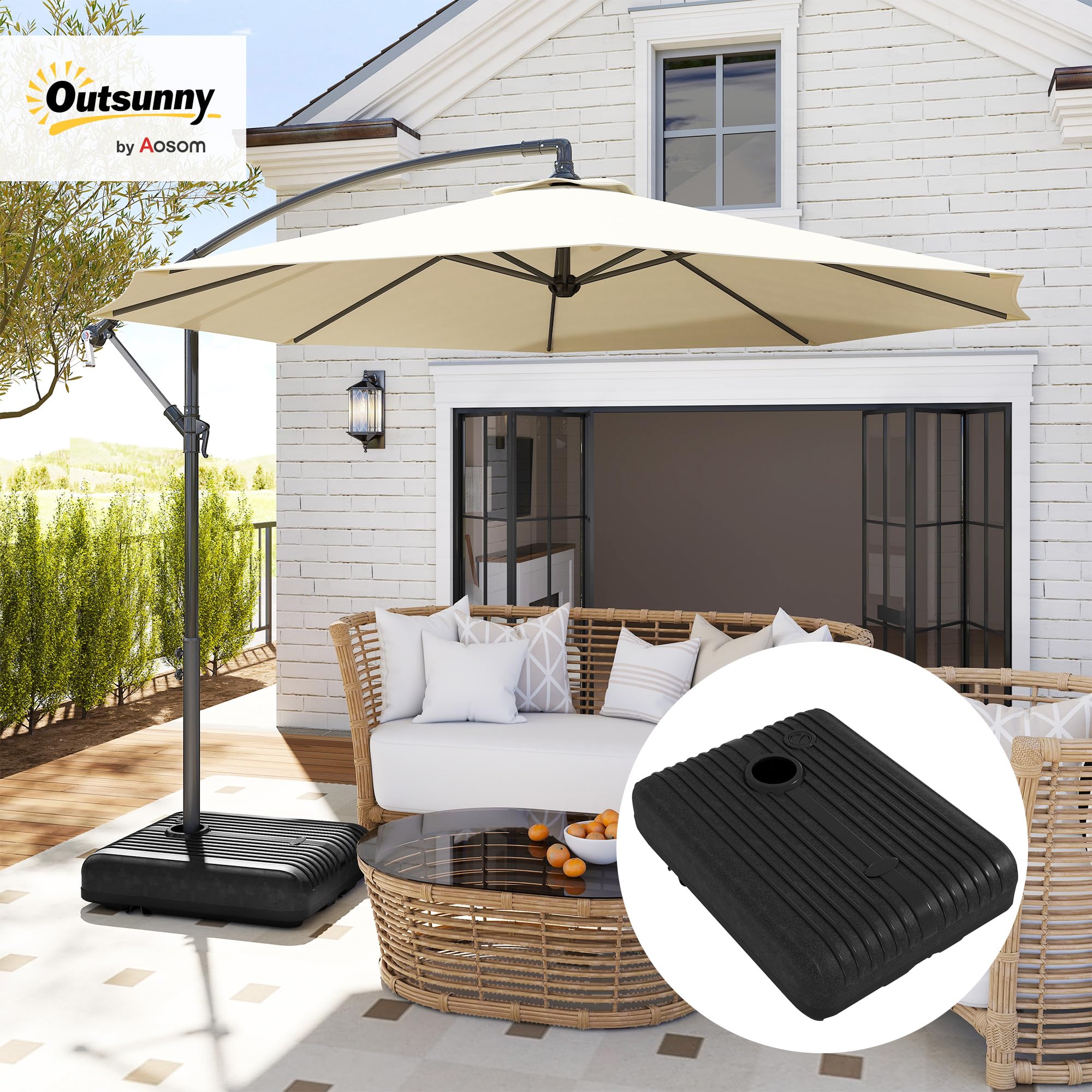 Outsunny Base per Ombrellone da Giardino in HDPE Riempibile 130mm Nero | Basamento per Ombrellone Decentrato, 70 kg Acqua o 90 kg Sabbia, Supporto con 2 Rotelle, Maniglia