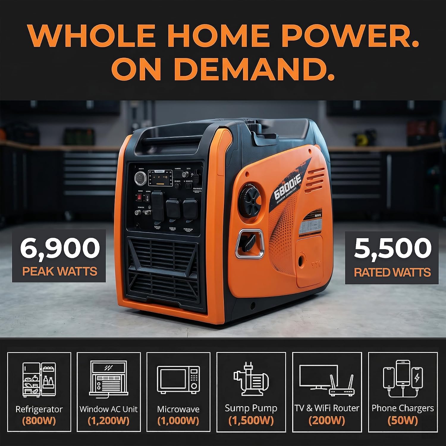 LIFAN LF6800iE Inverter Generator powering various household appliances