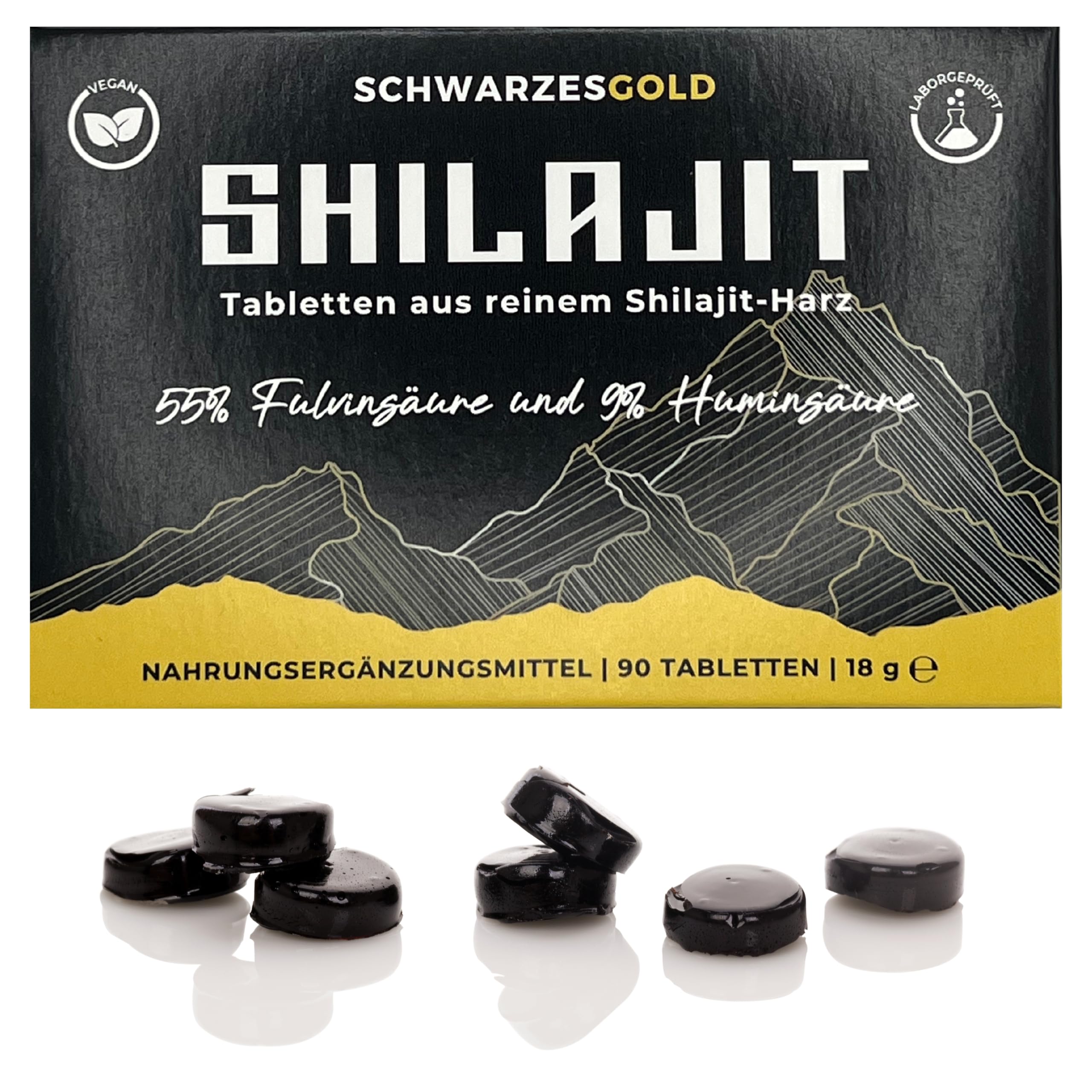 Mumijo Shilajit Tabletten aus reinem Harz - Laborgeprüft in DE - 90 Stück | SCHWARZESGOLD® | Shilajit Original Drops mit 55% Fulvinsäure und 9% Huminsäure, Shijalit, Mumio