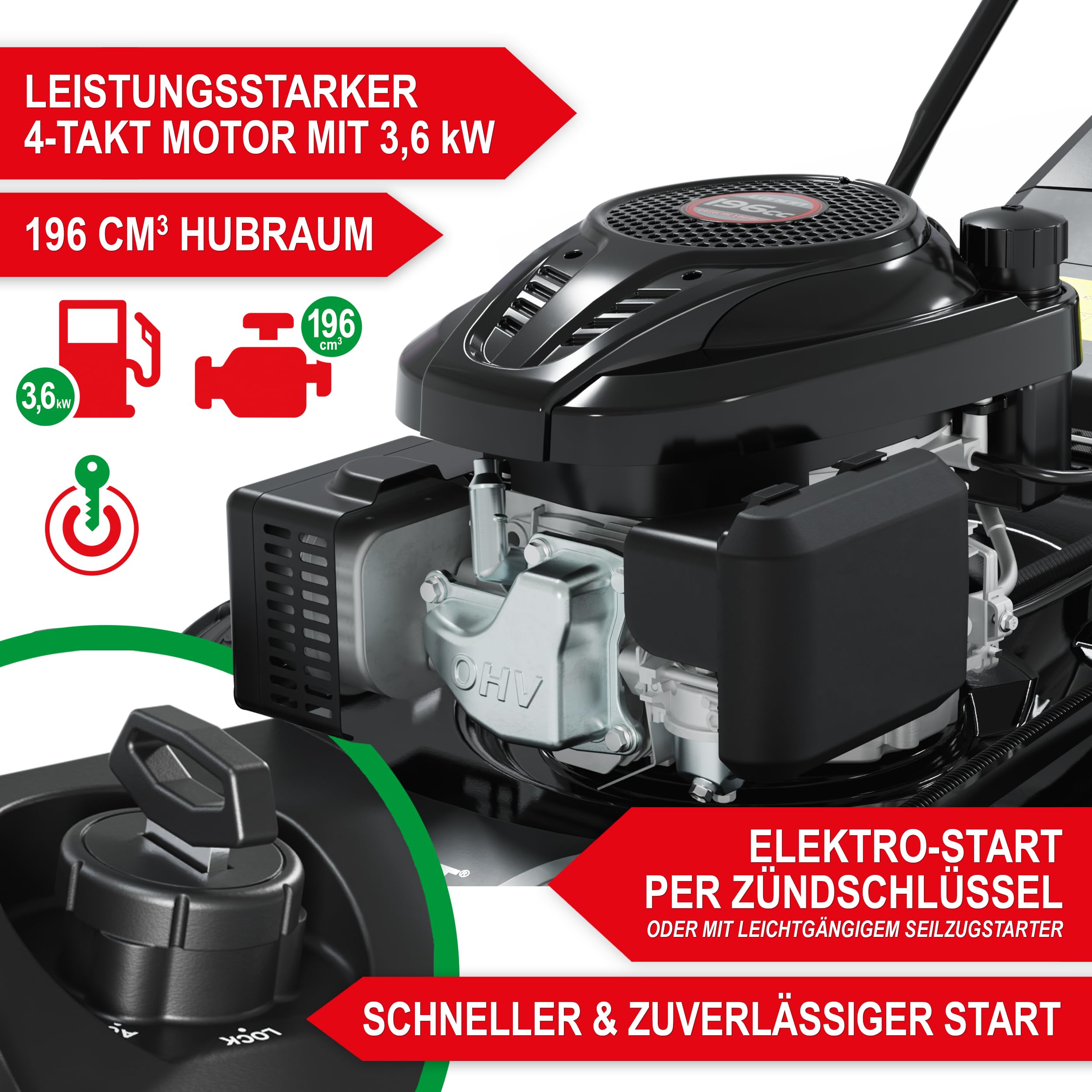 ONBEST Benzin Rasenmäher 5IN1 - Starke 6,5 PS, 4 Klingenschneidsystem & Sograd – 4 Takt Motor – 196 cm³ Hubraum – E-Start – 53 cm Schnittbreite – 60L Fangkorb – Radantrieb – Seitenauswurf