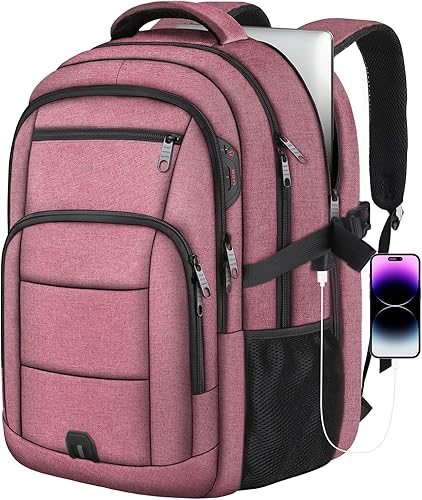 Mochila de viaje grande, mochila grande para laptop de 17 pulgadas para hombres y mujeres con puerto de carga USB, Rosado, Rosa clásico