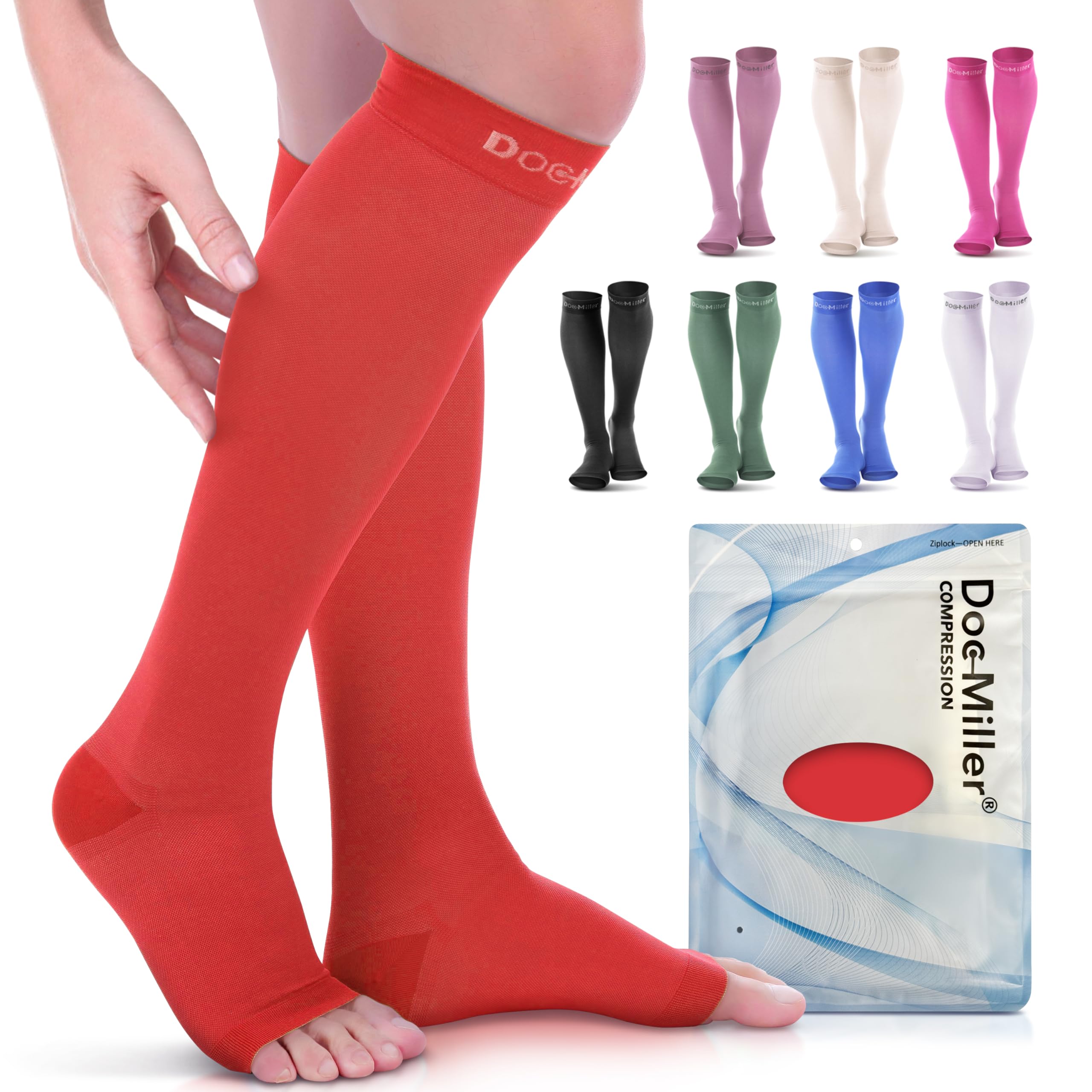 Doc Miller Open Toe Compression Socks, 20-30 mmHg, Toeless Compression Sleeves for Legs, Knee High Stockings for Shin Splints, Varicose Veins, Travel,