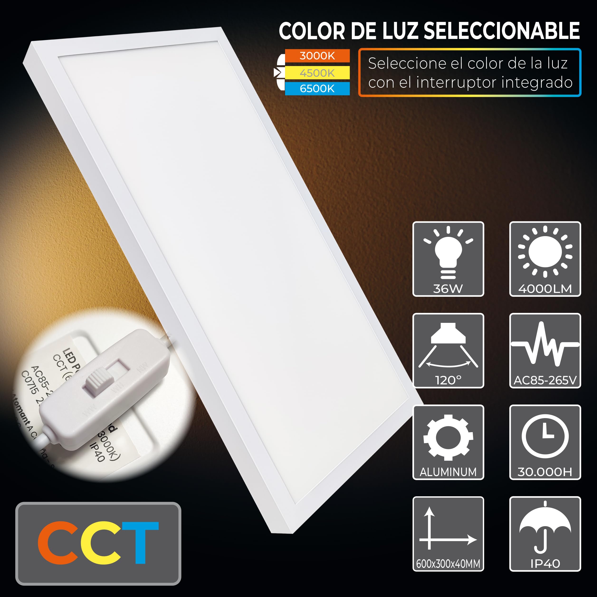 LED ATOMANT 2x Deckenleuchte LED Aufputz 60x30cm 36W CCT 3000-6500K 4000lm | Mit CCT-Farbtemperaturwahlschalter, Treiber inklusive