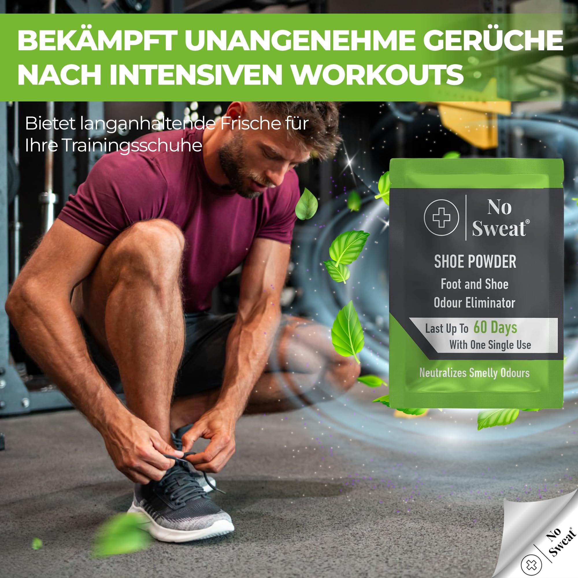 No Sweat Eliminador de olores para zapatos, forma de polvo, 10 unidades, ideal para neutralizar el olor de las botas de fútbol, en práctico set para hasta 60 días de frescura, controla la humedad