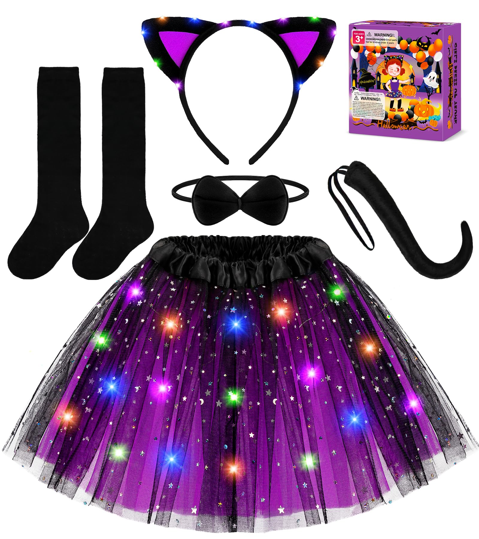 Black Cat Costume for Girls, Halloween Costume for Kids Light Up Tutu Skirt | Kids Girls Halloween Costume, Halloween Costumes for Kids Girls Dress Up Light Up Tutu Skirt Cat Ears for Kids 3 4 5 6 7 8